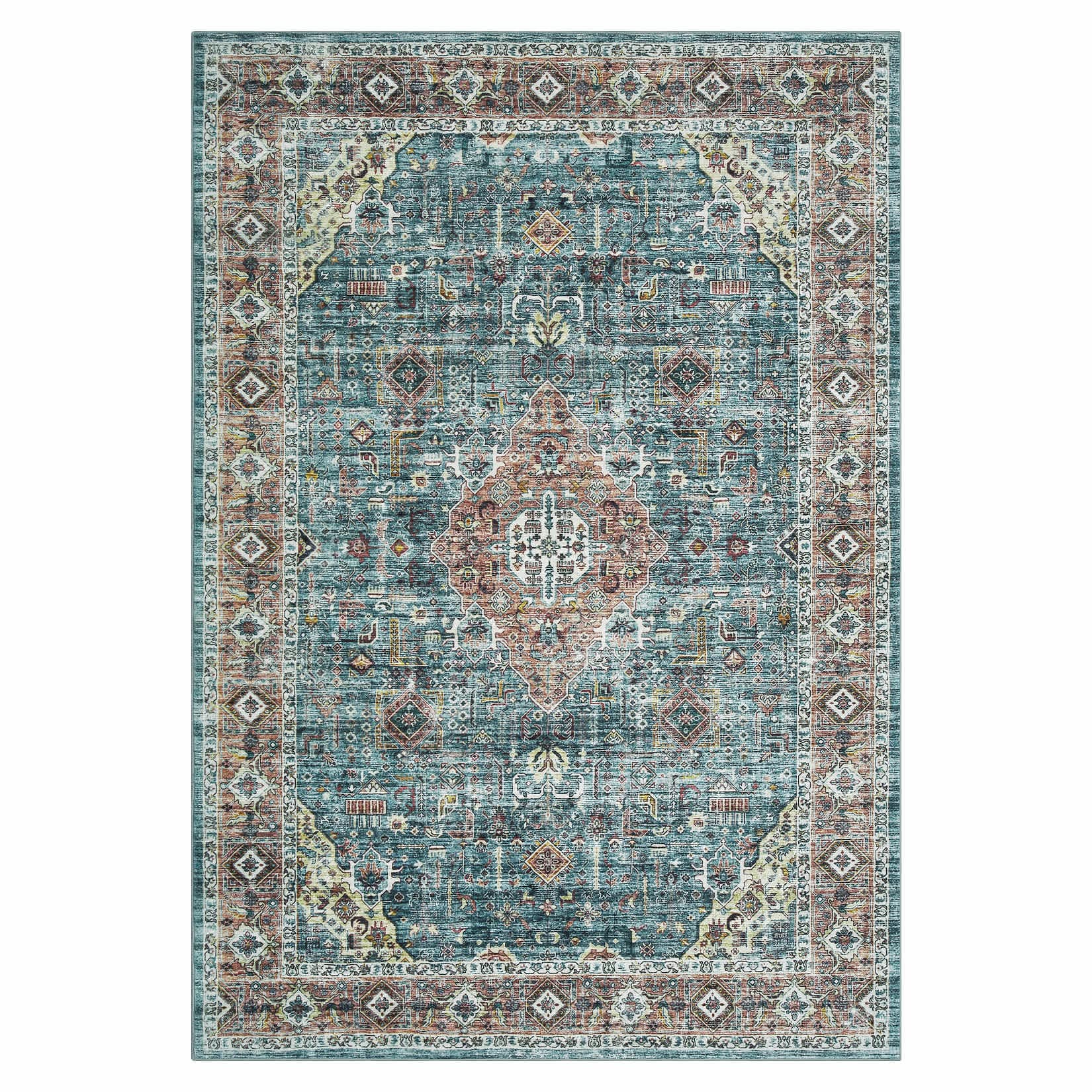 Qeetex LSN-PHO-0YIC1NIP 9 x 12 ft Polyester Green Rectangular Hallway Bathroom Entryway Kitchen Office Foldable Flower Printed Persian Washable Area Rug
