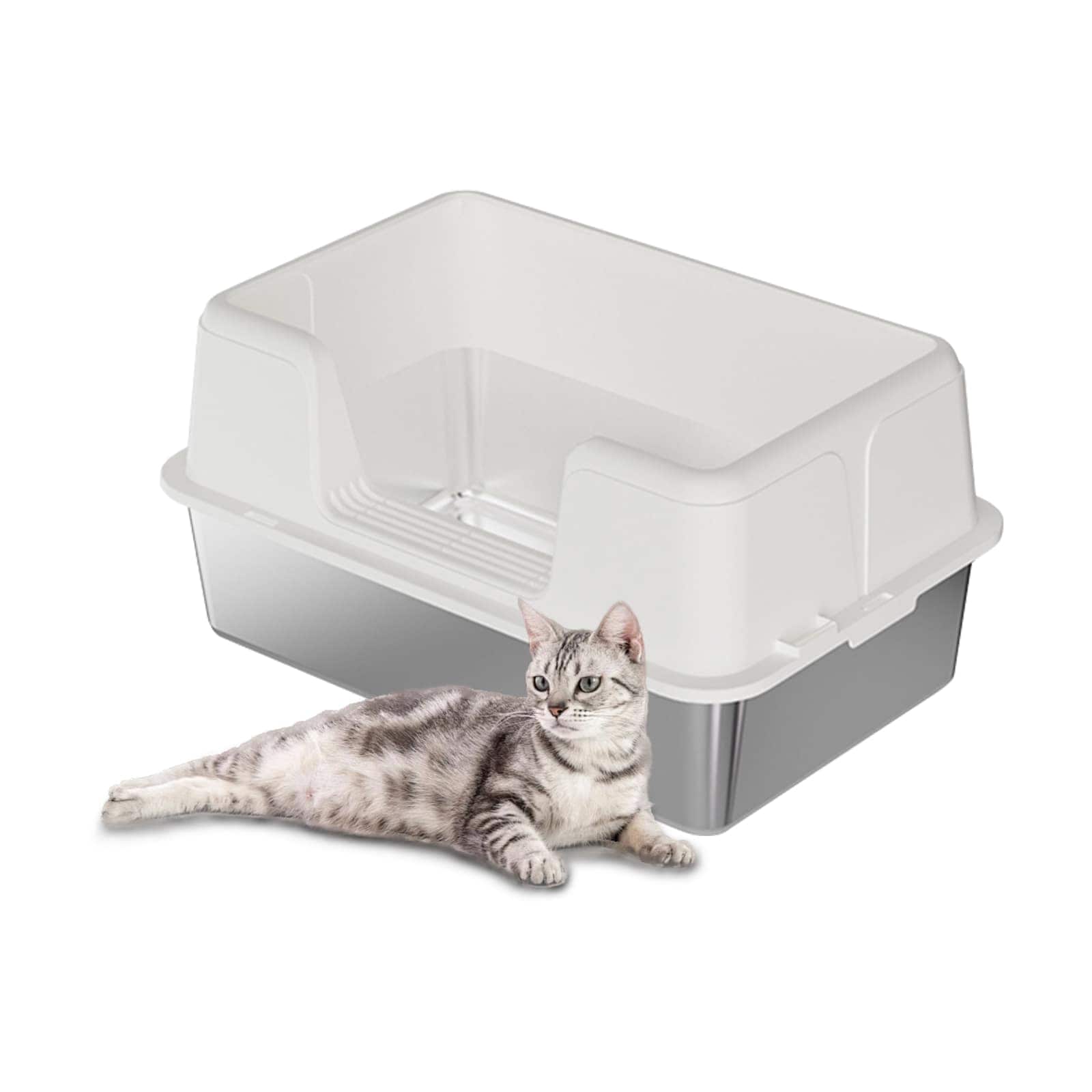 Qeetex NL-PPS-335CJJNM White L 1 Set Stainless Steel Open Cat Litter Box with High Walls Anti Splash Deep Semi Enclosed Tray