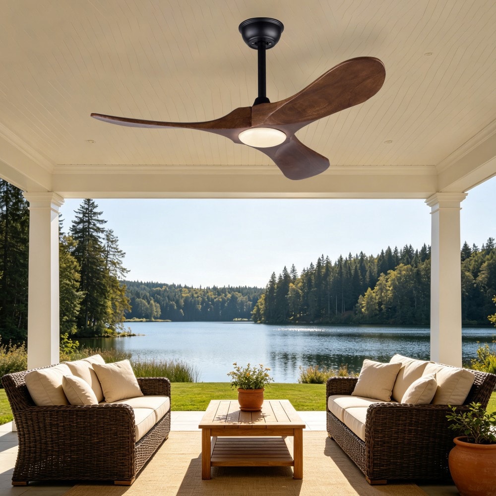 Basdien 42 in Black Dark Walnut 3 Blade Solid Wood Ceiling Fan with Light Remote 3CCT Dimmable 6 Speed Reversible Silent DC Motor Power Off Memory 1 4 8 Hour Timer Downrod Mount Slope Ceiling Compatible for Bedroom Living Rooms Patio and Decks