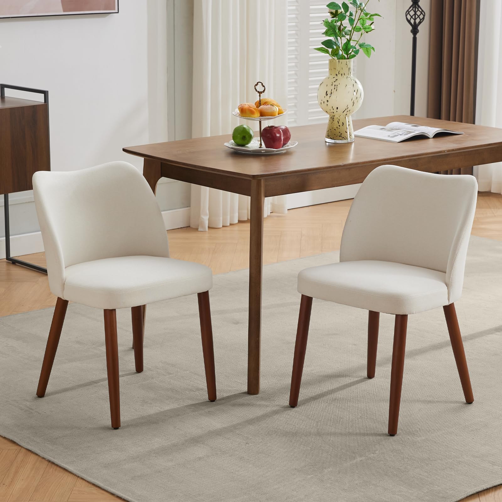 Qeetex PHK-33SJMUM4-HNN Set of 2 Beige Linen Dining Chairs with Upholstered Seat and Brown Wood Legs and Leveling Feet for Dining Room