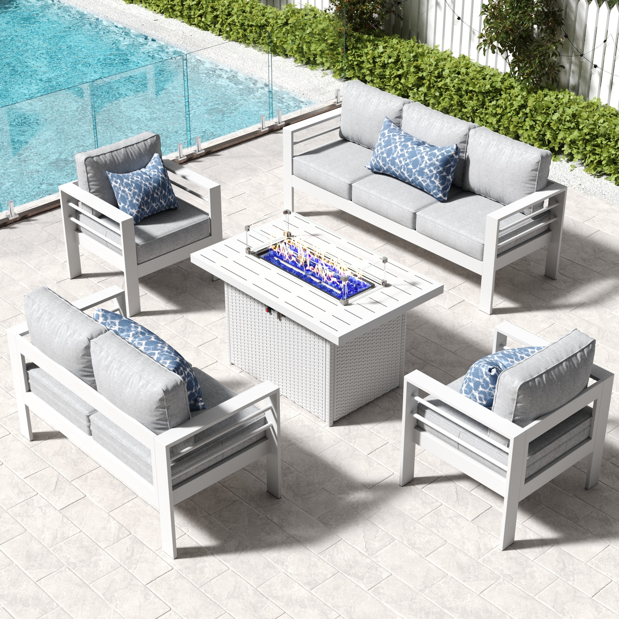 LayinSun FP5001-WH-5001 5 -Piece Outdoor Aluminum Patio Conversation Set with Fire Pit and Light Gray Cushions