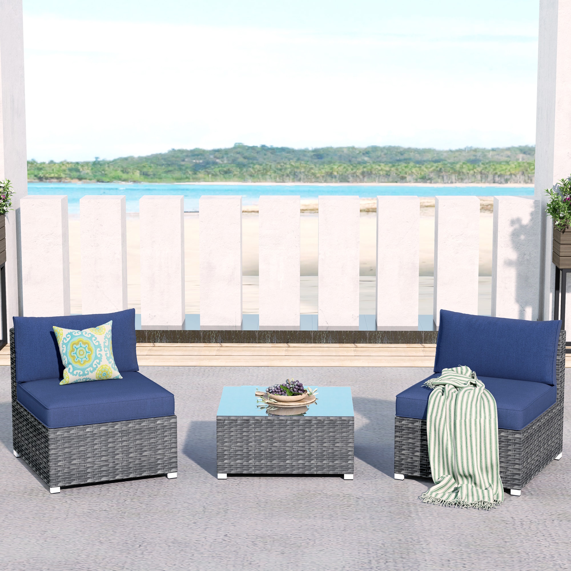 Pouuin SHOP3-BOX2 Set of 2 Wicker Gray Wicker Frame Stationary Conversation Chair with Blue Cushioned Seat