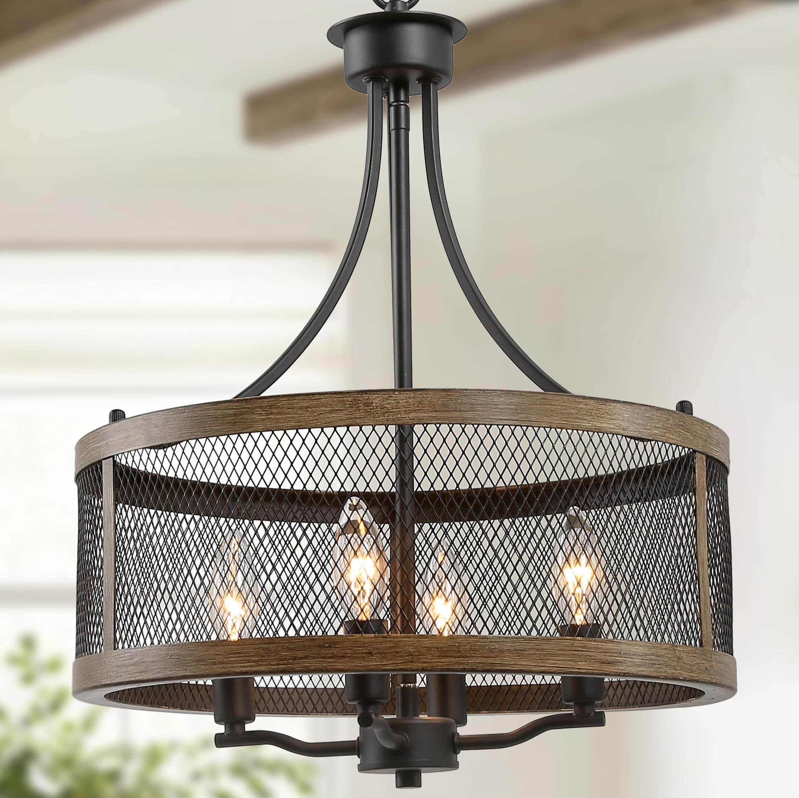 LNC Salle 4-Light Distressed Brown Wood Grain and Matte Black Drum Farmhouse  LED Dry Rated Chandelier in the Chandeliers department at