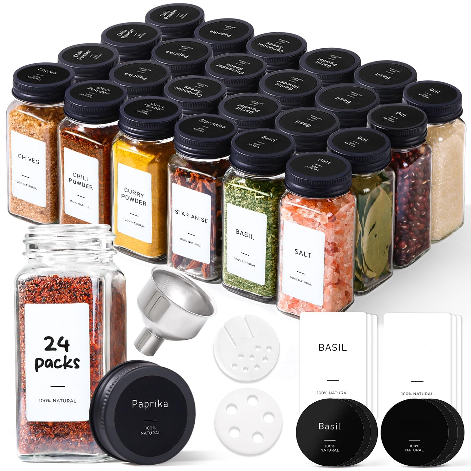 JVFCXXV  24 pcs Glass Spice Jars Set with 93 Labels Metal Funnel Extra Shaker Lids Square 4oz Containers for Kitchen Organization Airtight Storage