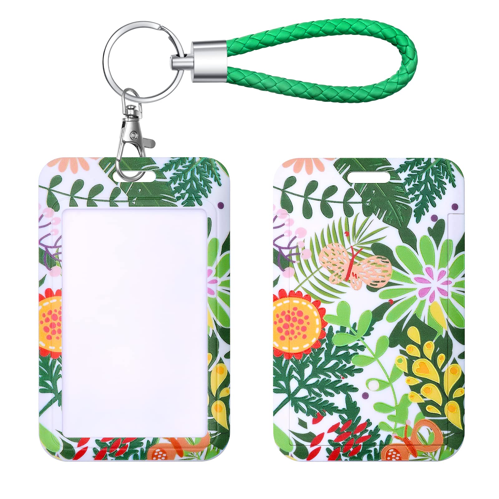 JOWEI  ID Card Badge Holder with Metal Keyring Plastic Slide Open with Transparent Window for Women Men Students in Green Plant Colorful