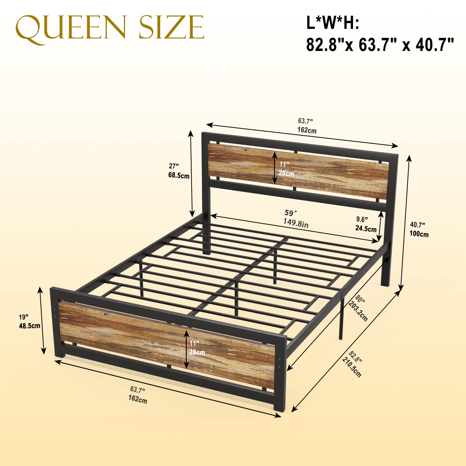 LTMATE Black and Wood (Rustic) Queen Metal Bed Frame in the Beds ...