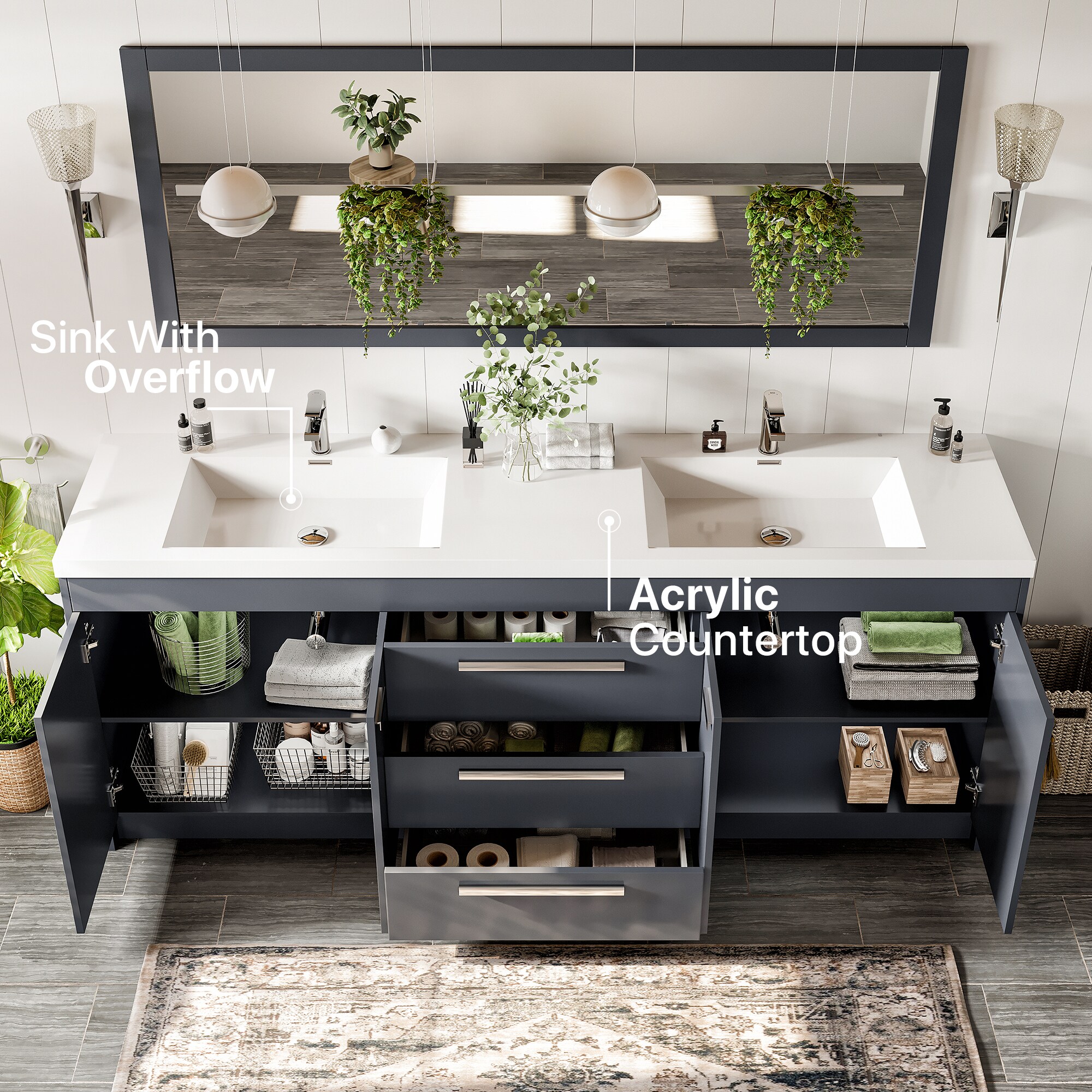 Eviva Lugano 84" Gray Modern Freestanding Double Sink Vanity with Acrylic Top