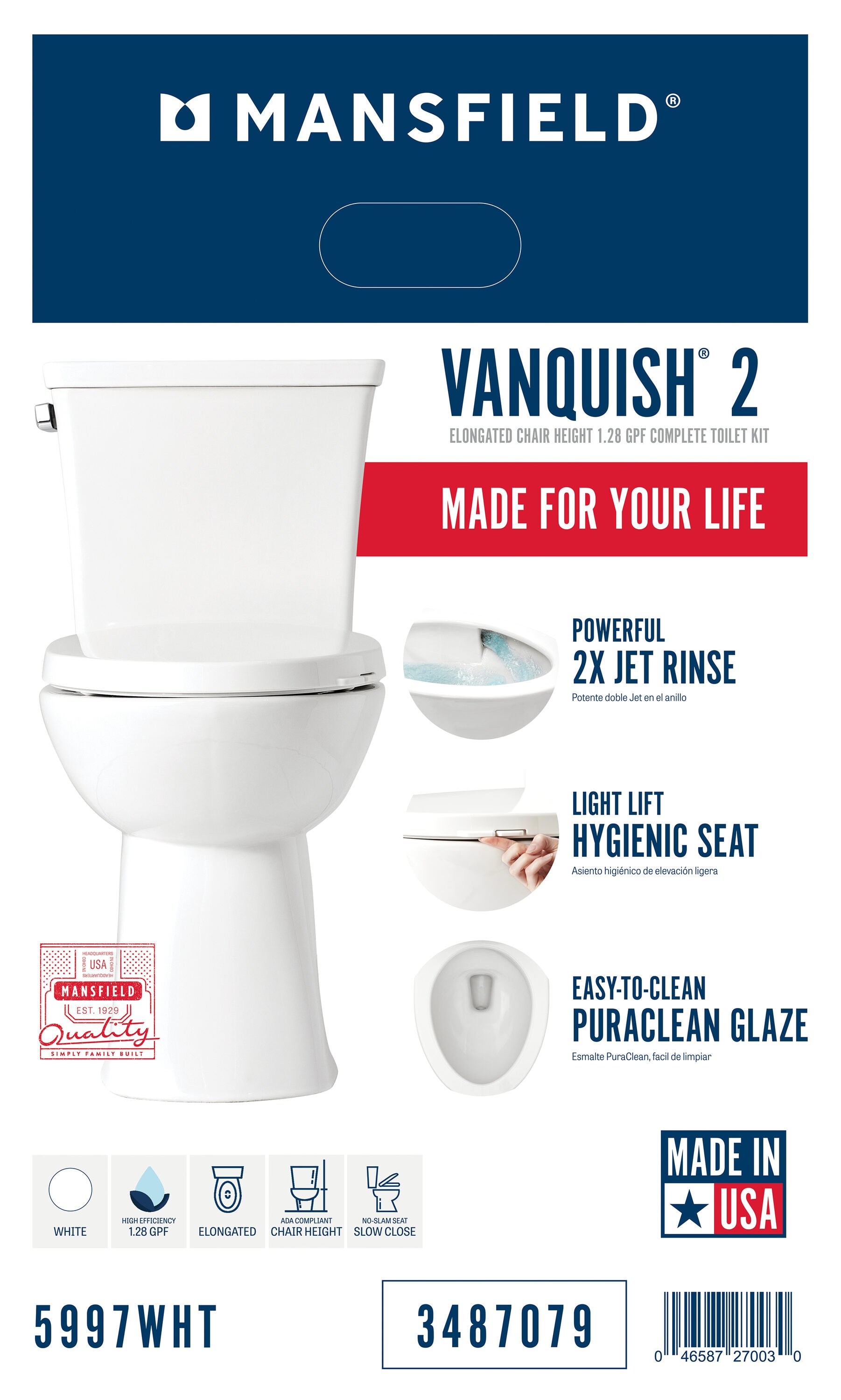 Mansfield Vanquish 2 White Elongated Chair Height Soft Close 2-piece ...