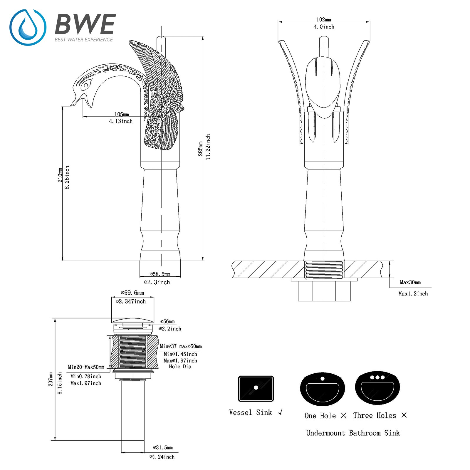 BWE A-97001 Vessel Sink Faucet White Gold Vessel 1-handle WaterSense  Bathroom Sink Faucet with Drain (8.26-in)