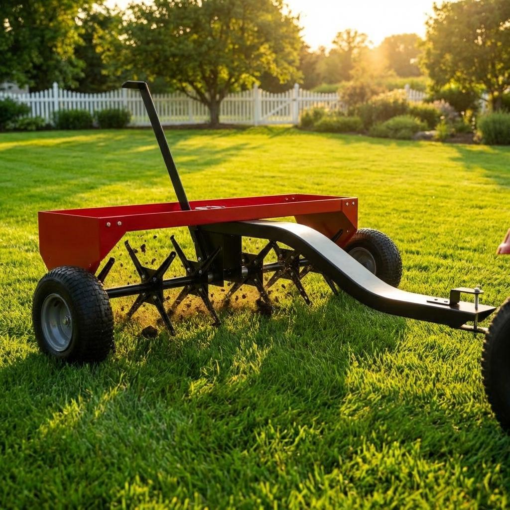 40 Inch Tow Behind Lawn Plug Aerator Universal Hitch Galvanized Steel