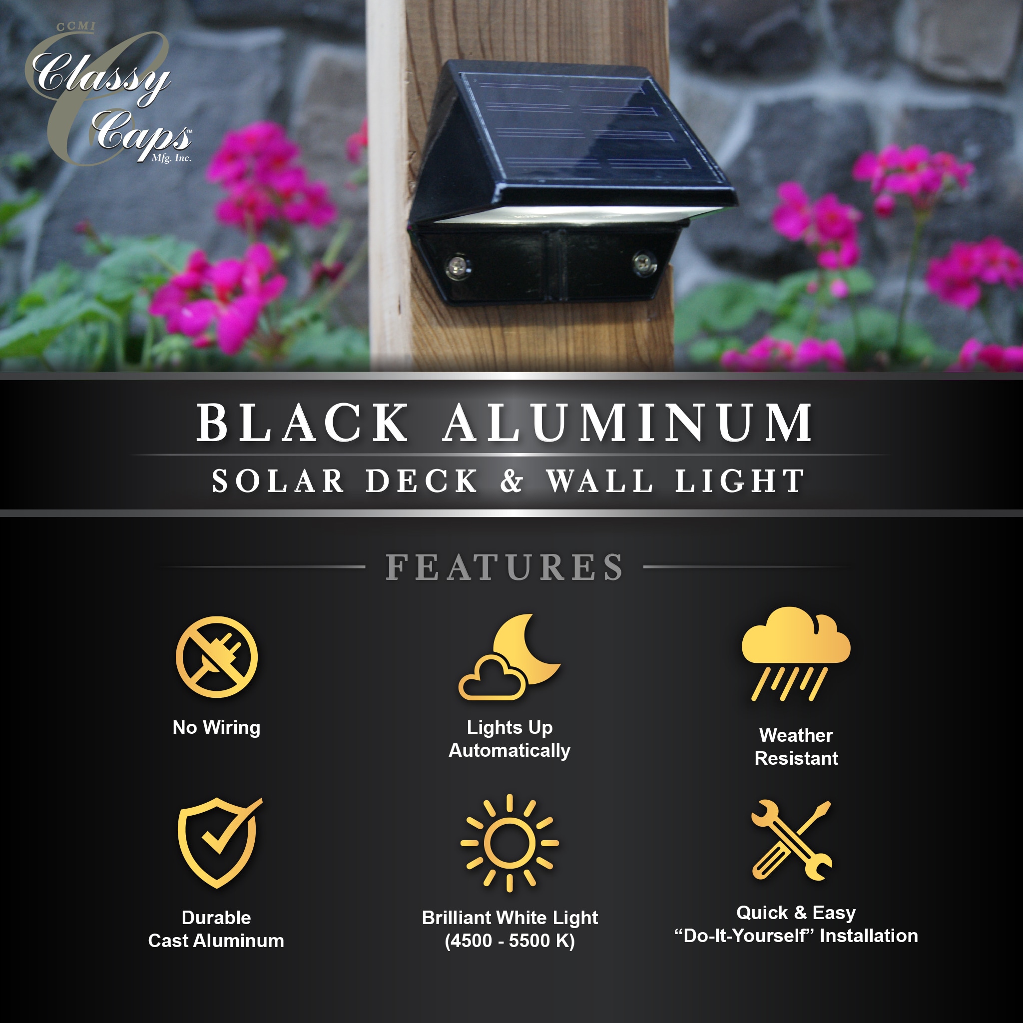 Black Aluminum Solar LED Deck and Wall Light