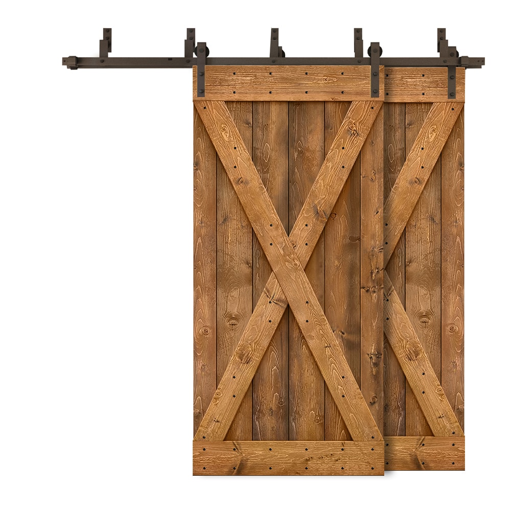 CALHOME 5XBP+S79+(2)X38BT 76-in x 84-in Walnut X-frame Knotty pine Wood Solid core Double Bypass Barn Door (Hardware Included)