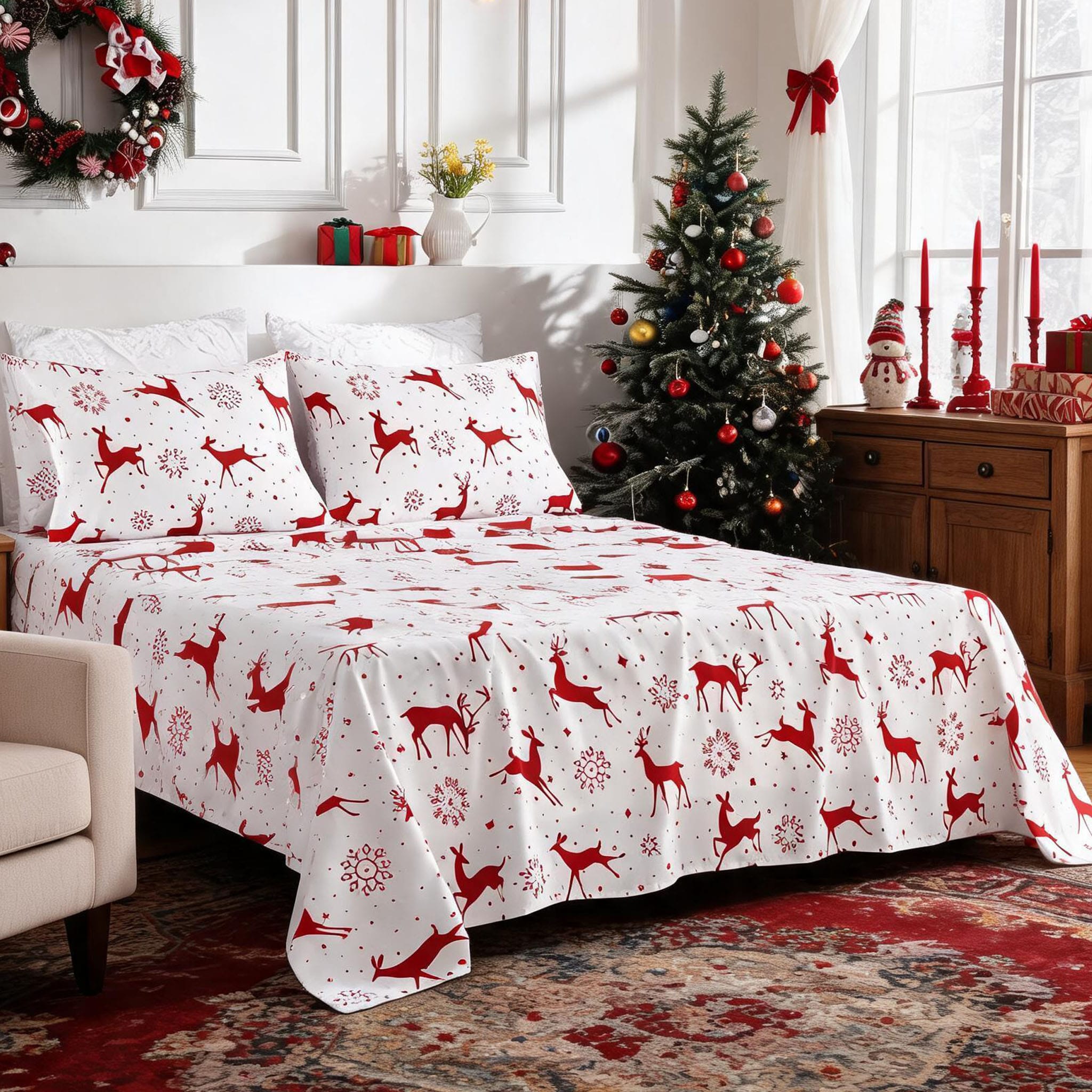 Garvee Queen White Red Christmas Reindeer Snowflake Sheet Set Brushed Microfiber Fitted Flat 2 Pillowcases