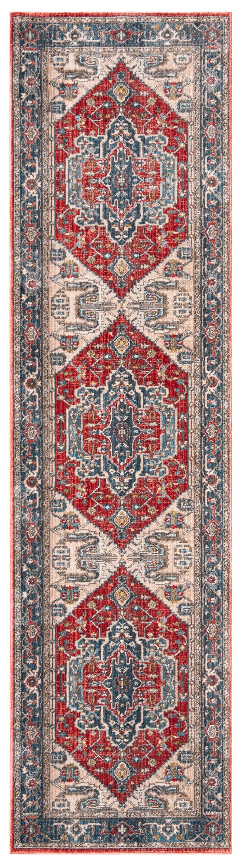 Red and Blue Floral Motif Low Pile Runner Rug