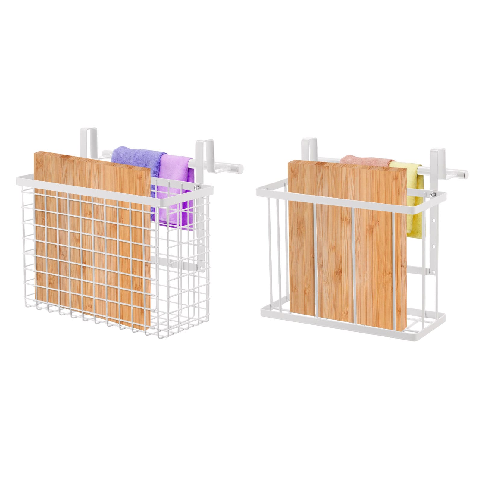 Unique Bargains Pack of 2 Cabinet Door Organizer Cutting Board Organizer with Towel Bar Metal Wire Baskets with Hooks Over Cabinet Door Organizer for Kitchen Pantry Bathroom Storage White