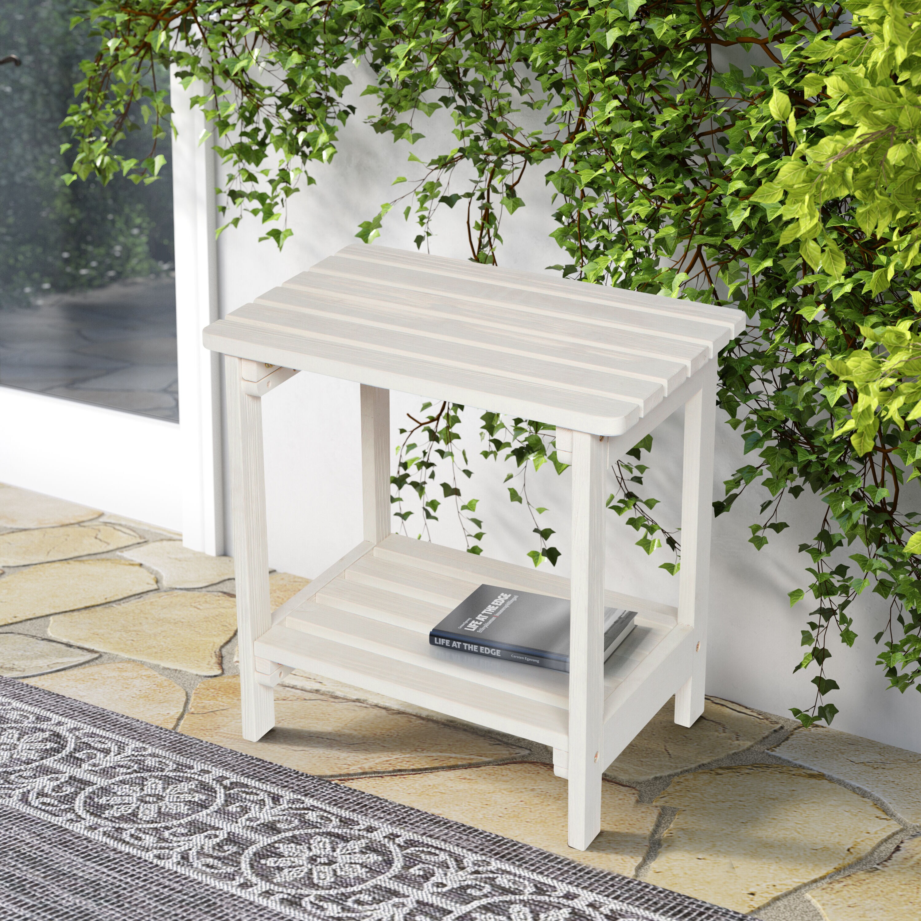 Eggshell White Cedar Wood Rectangular Side Table with Shelf