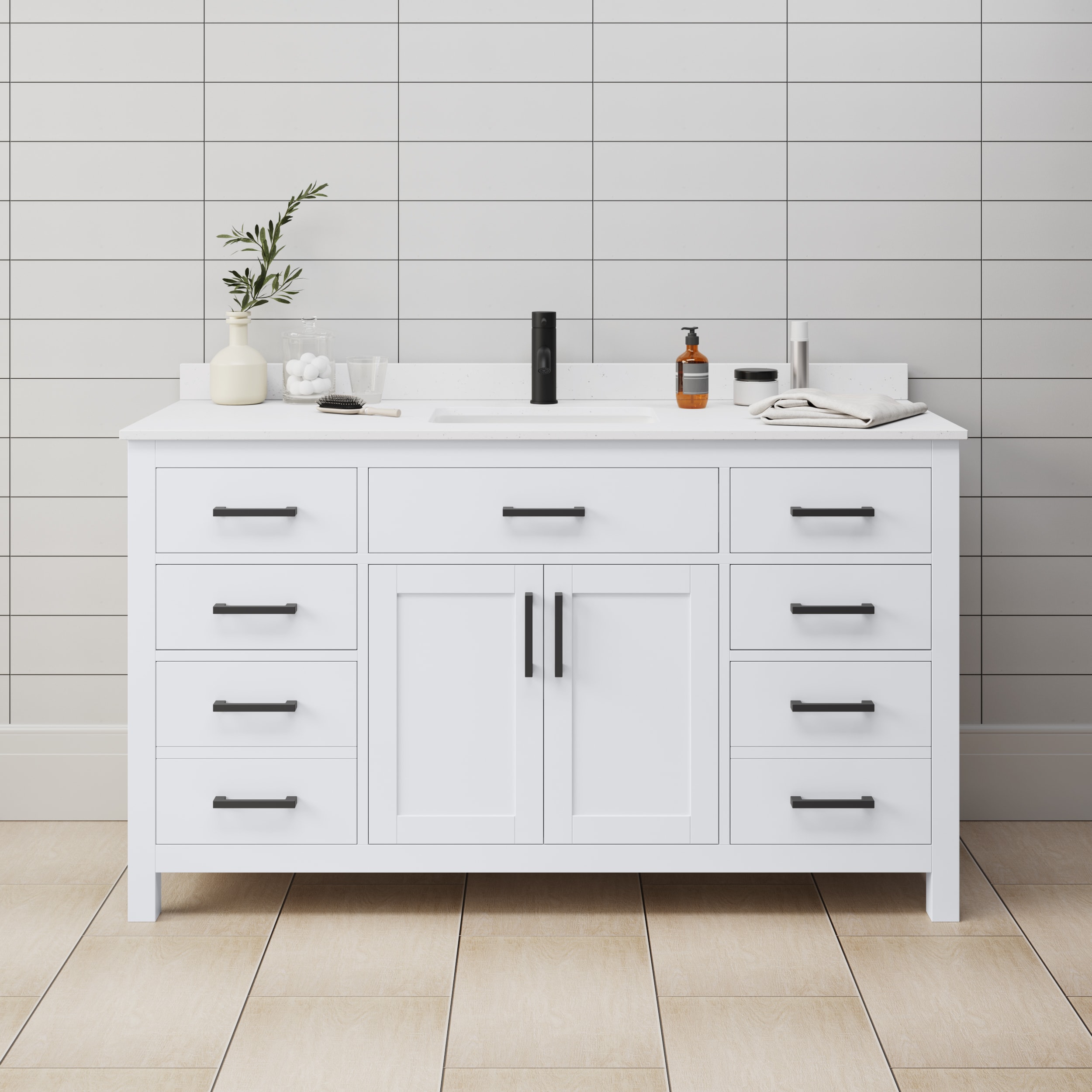 Wyndham Collection WCG242460SWBWCUNSMXX Beckett 60-in White with Matte Black Trim Undermount Single sink Bathroom Vanity with White Cultured Marble Cultured marble Top