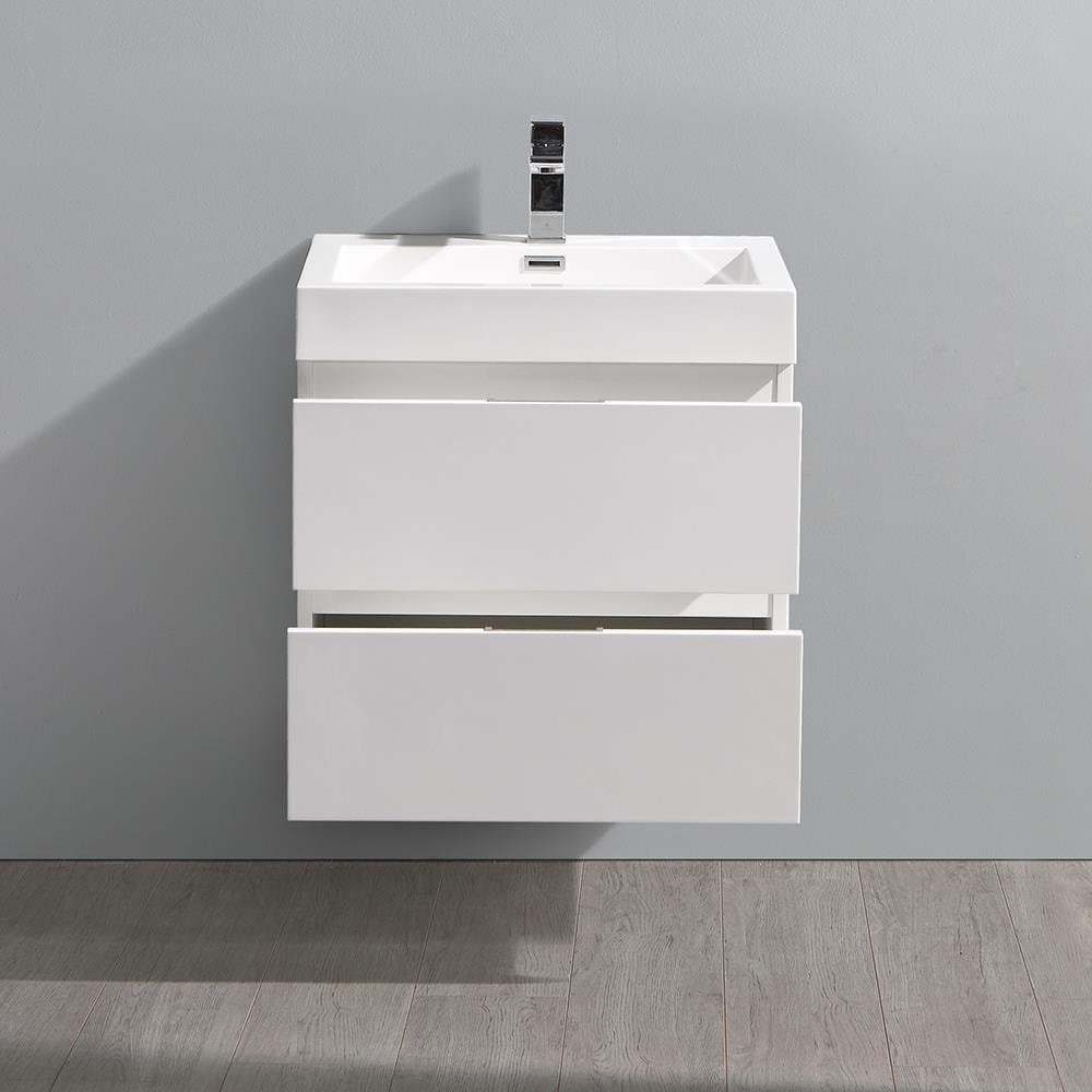 Glossy White 24" Wall-Mount Bathroom Vanity with Acrylic Sink
