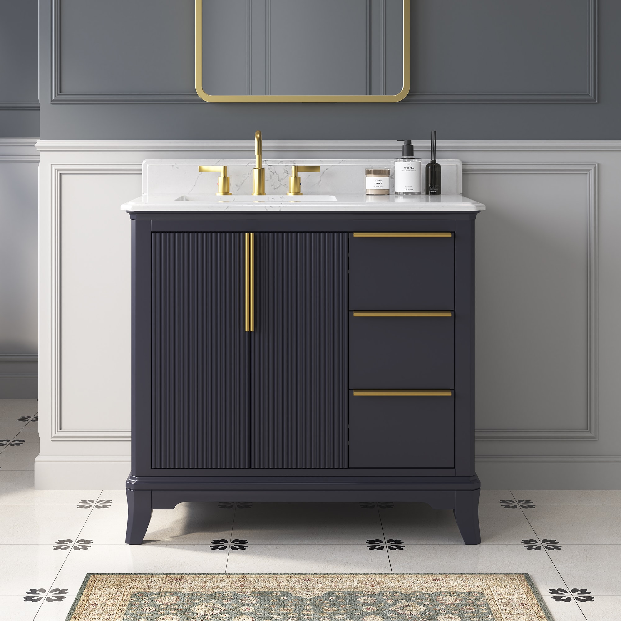 DELUXE LIVING V24022-36NB Rothenburg 36-in Navy Blue Undermount Single Sink Bathroom Vanity with Carrara White Engineered Stone Top