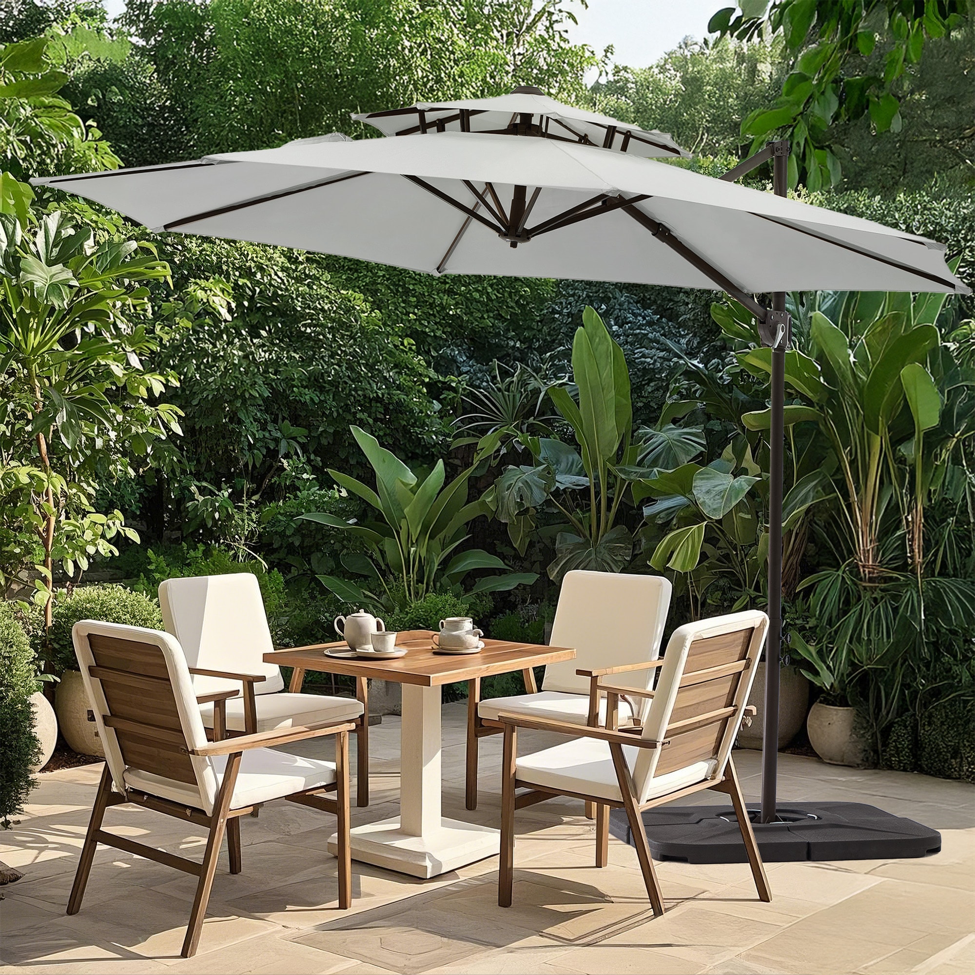 VOUA JYLM-10-WT 10-ft Iron Off-white Crank Cantilever Patio Umbrella with Base