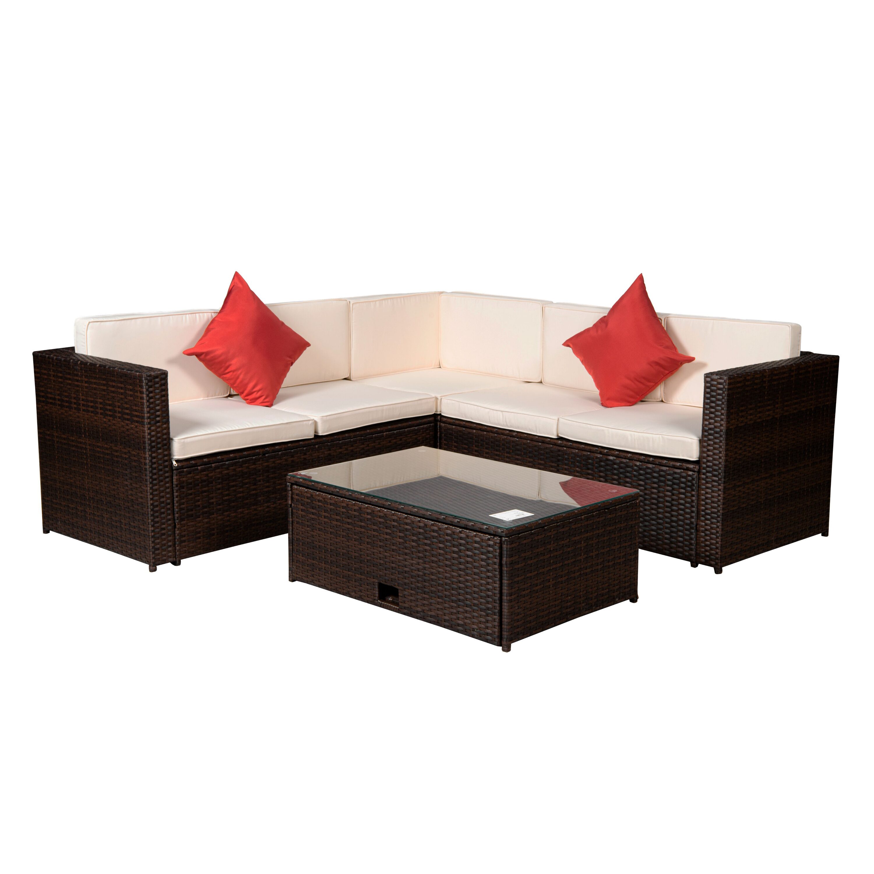 Flynama YC-V-W685-S00001 4-Piece Outdoor Patio FurnitureBrown PE Rattan Wicker Sectional  Sofa Sets with Beige Cushion