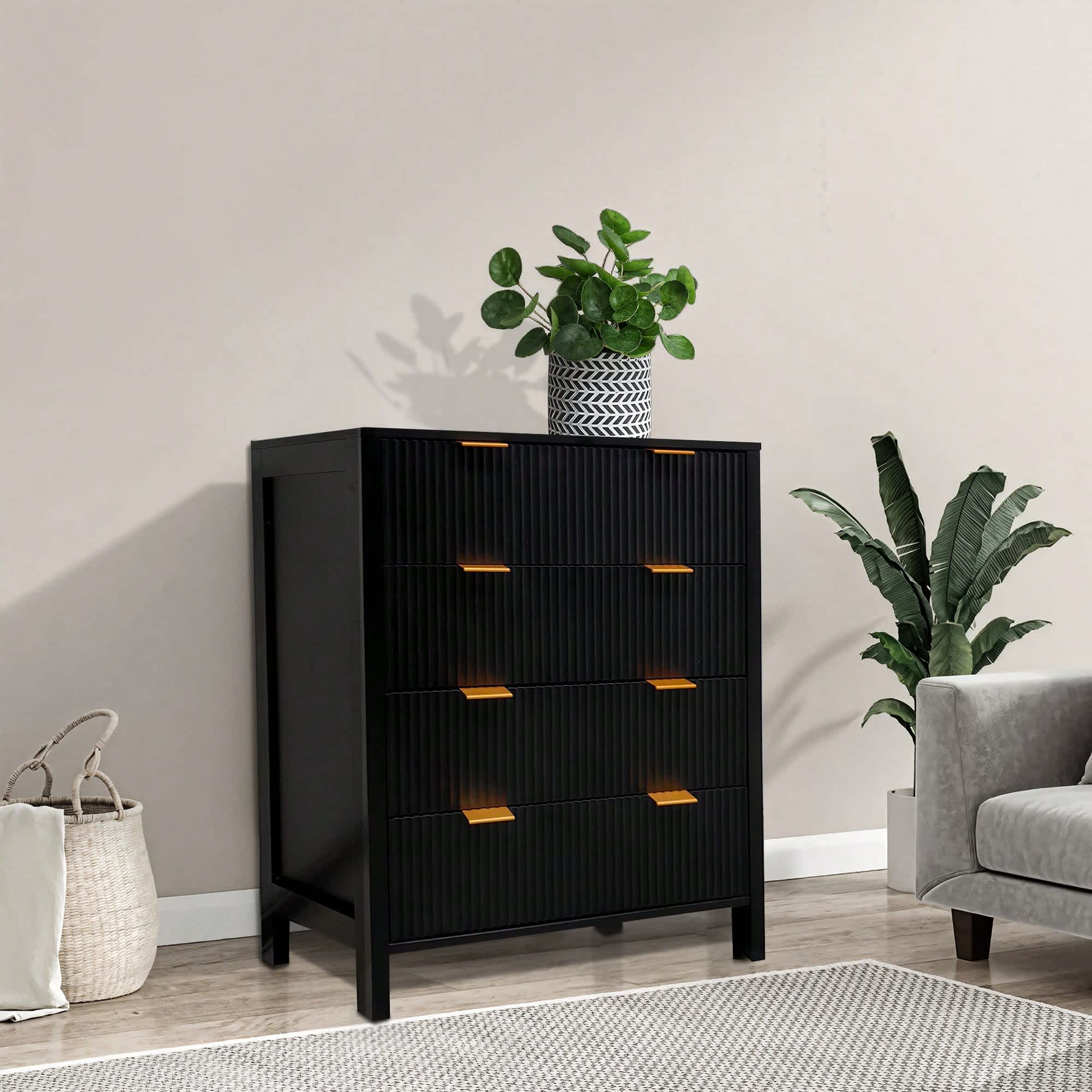 Qeetex MIE-PHO-335GNWPK Home 4 Drawer Wood Dresser  Waveform Fluted Panel Dresser  Modern Dressers For Storage Drawers Clothes  For Closet Living Room  Bedroom  Nursery Hallway Closet Black