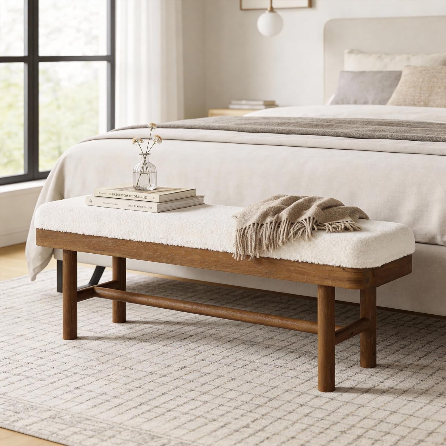 LITTLE TREE 55 Inch Farmhouse White Brown Solid Wood Upholstered Bedroom Bench End of Bed Bench Modern Indoor Bench with Cushion for Bedroom Living Room