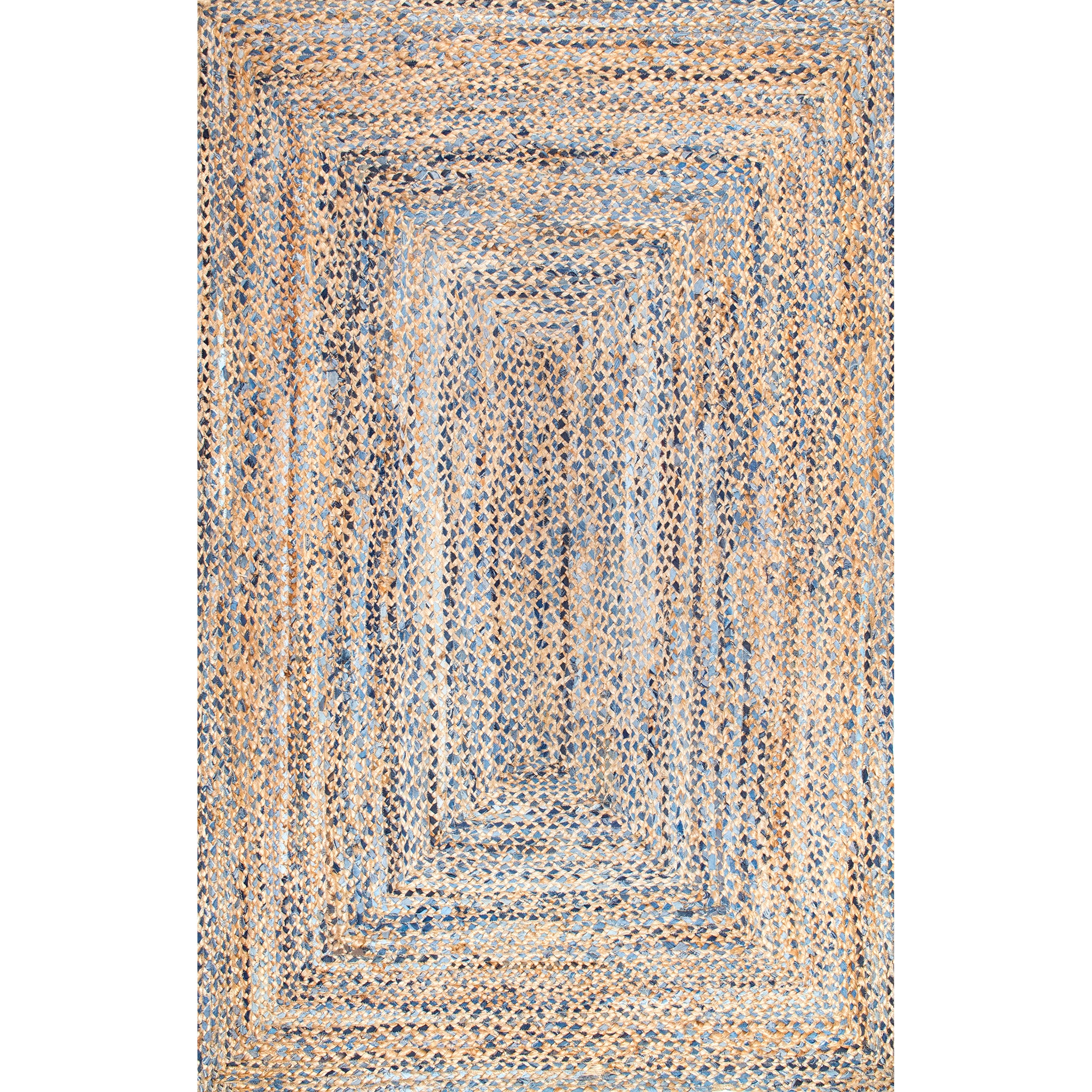 Handmade Blue and Beige Braided Cotton Rectangular Rug