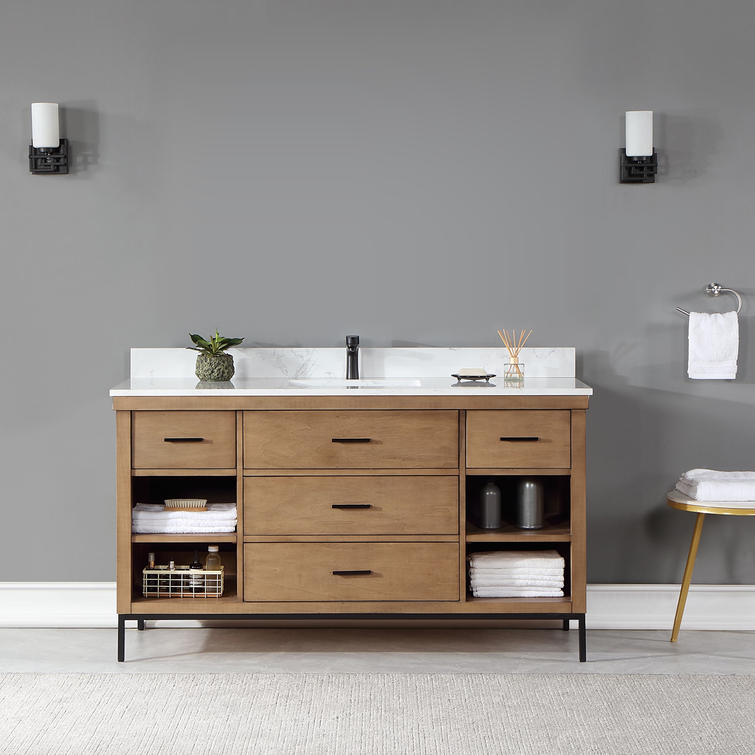 Altair 545060S-BR-AW-NM Kesia 60-in Brown Pine Undermount Single sink Bathroom Vanity with Aosta White Engineered marble Top