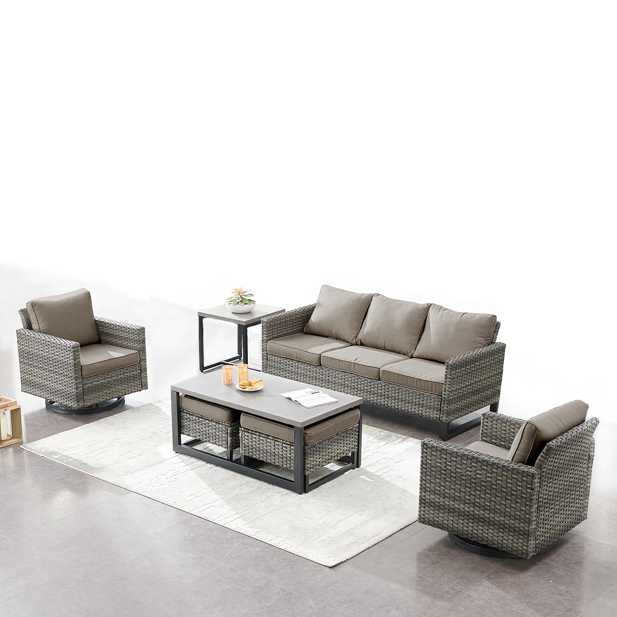 Rilyson FS062069065070-3 7 -Piece Wicker Patio Sofa Conversation Set with Gray Cushions