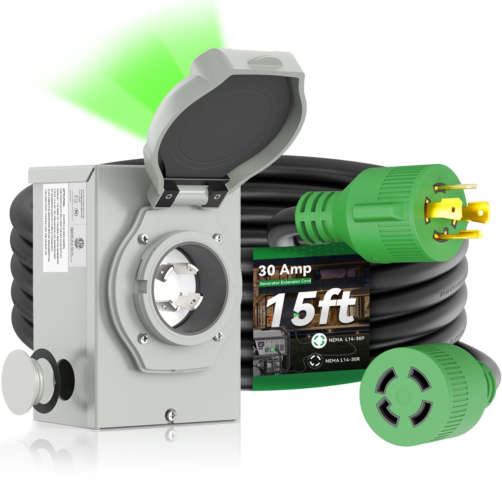 Misopily 30 Amp Generator Cord 15FT and Power Inlet Box Kit NEMA L14-30P to L14-30R 10 Gauge 4 Wire ETL Listed Pre-Drilled Weatherproof 1 Kit #LMS0408G16