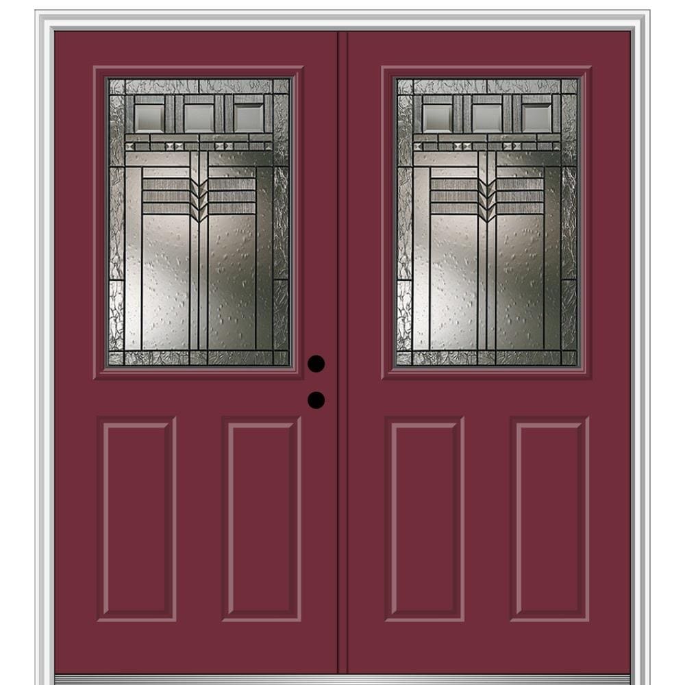 MMI DOOR ZZ3664811L 72-in x 80-in x 4-9/16-in Fiberglass Half lite Left-hand inswing Burgundy Painted Prehung Double Front Door with Brickmould Insulating core