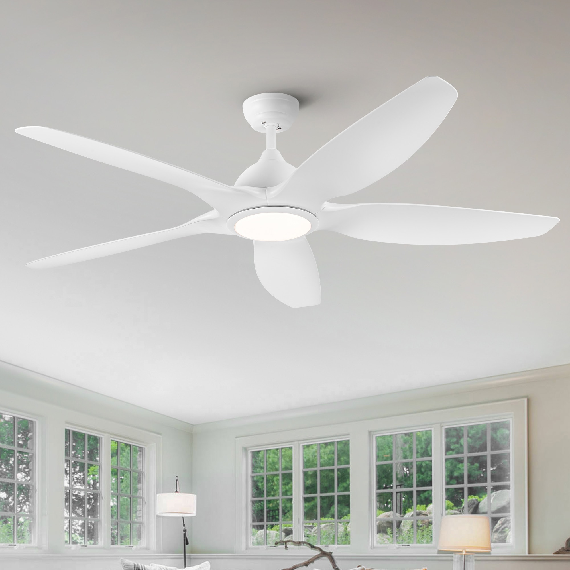 ExBrite DICF0104 60-in Color-Changing Integrated LED Matte White with Matte Blades Ceiling Fan With Light - Remote Included ( 5 -Blade )