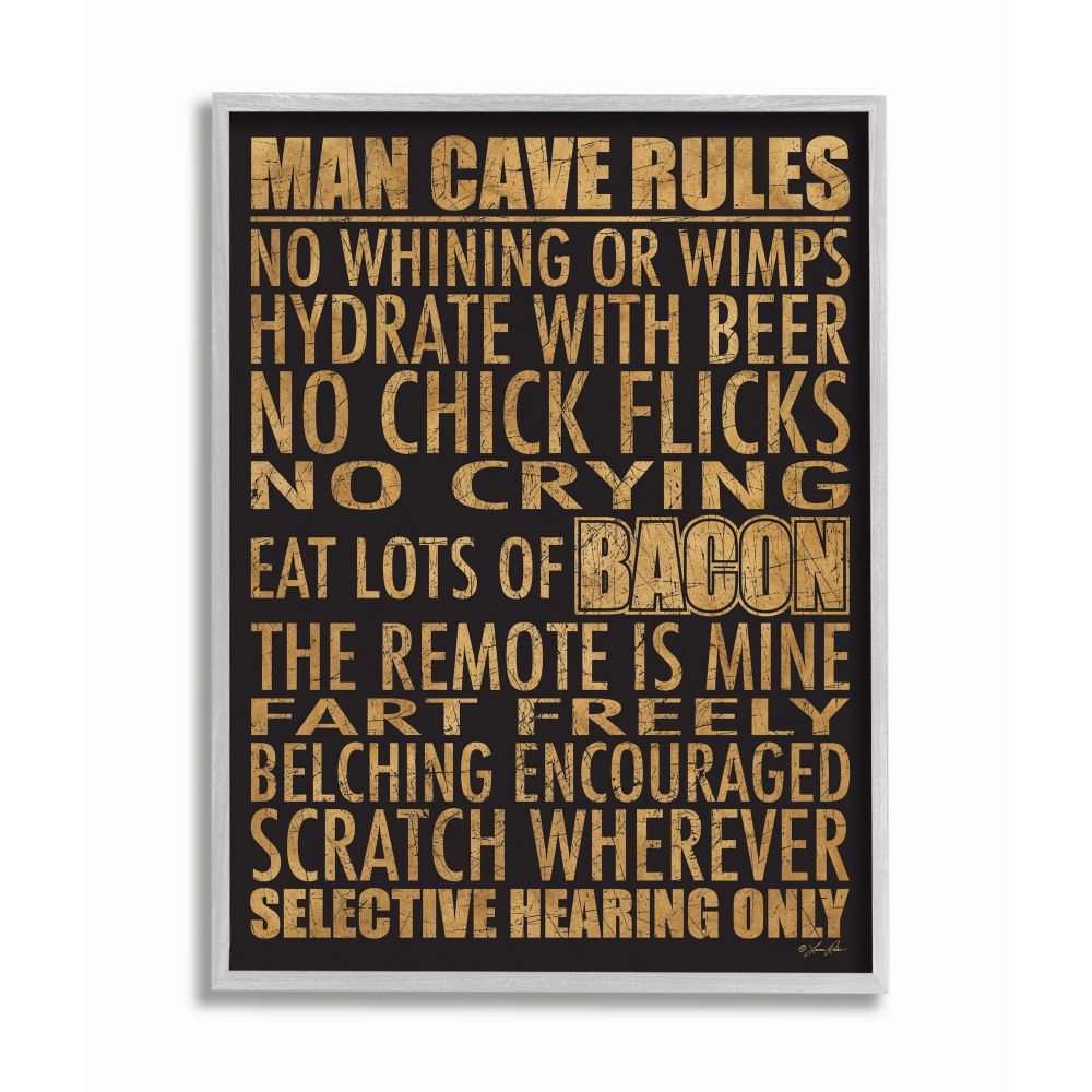 Stupell Industries AB-888-GFF-16X20 Man Cave Rules with Rustic Distressed Text Lauren Rader Framed 20-in H x 16-in W Inspirational Print