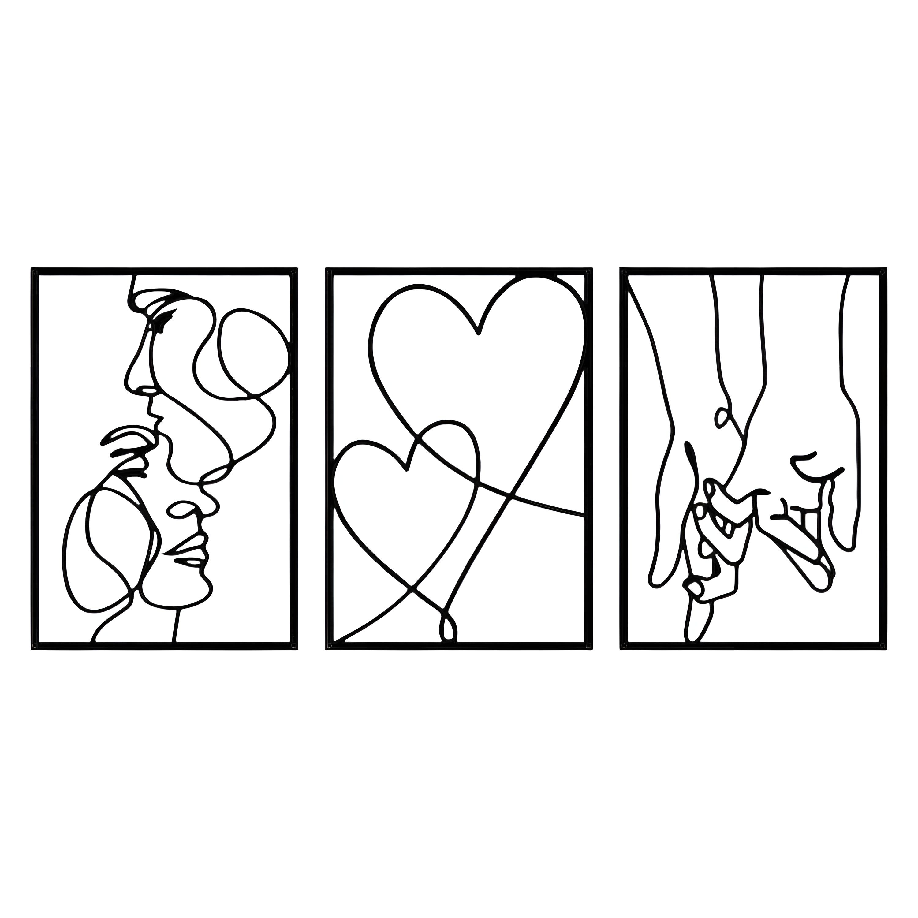 Slickblue Couple Wall Art Set Black Metal 15.7 inch H x 37 inch W 3 Piece Minimalist Faces Hearts Hands Decor