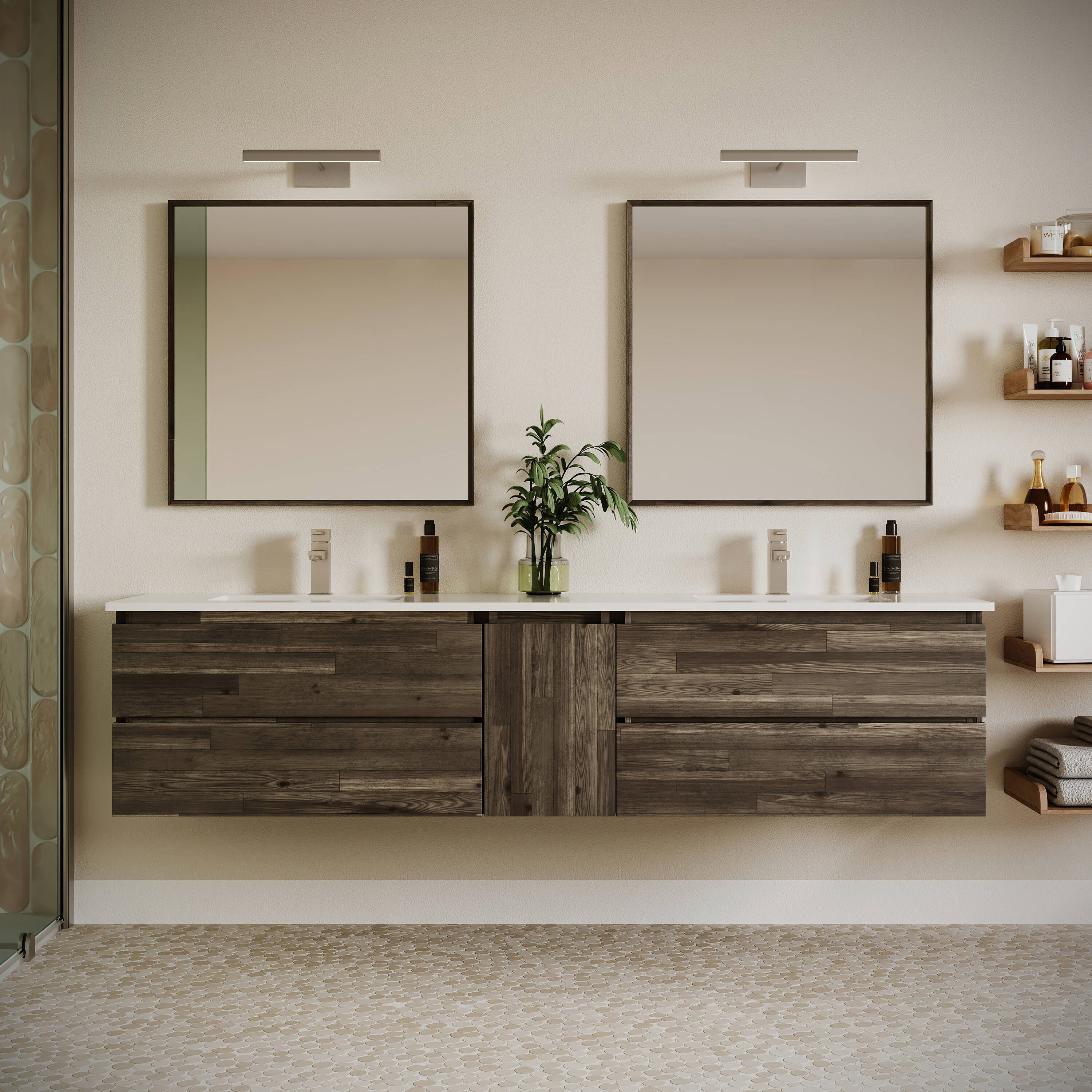 Fresca FVN31-361236ACA Formosa 84-in Acacia Wood Undermount Double sink Floating Bathroom Vanity with White Quartz Top (Mirror Included)