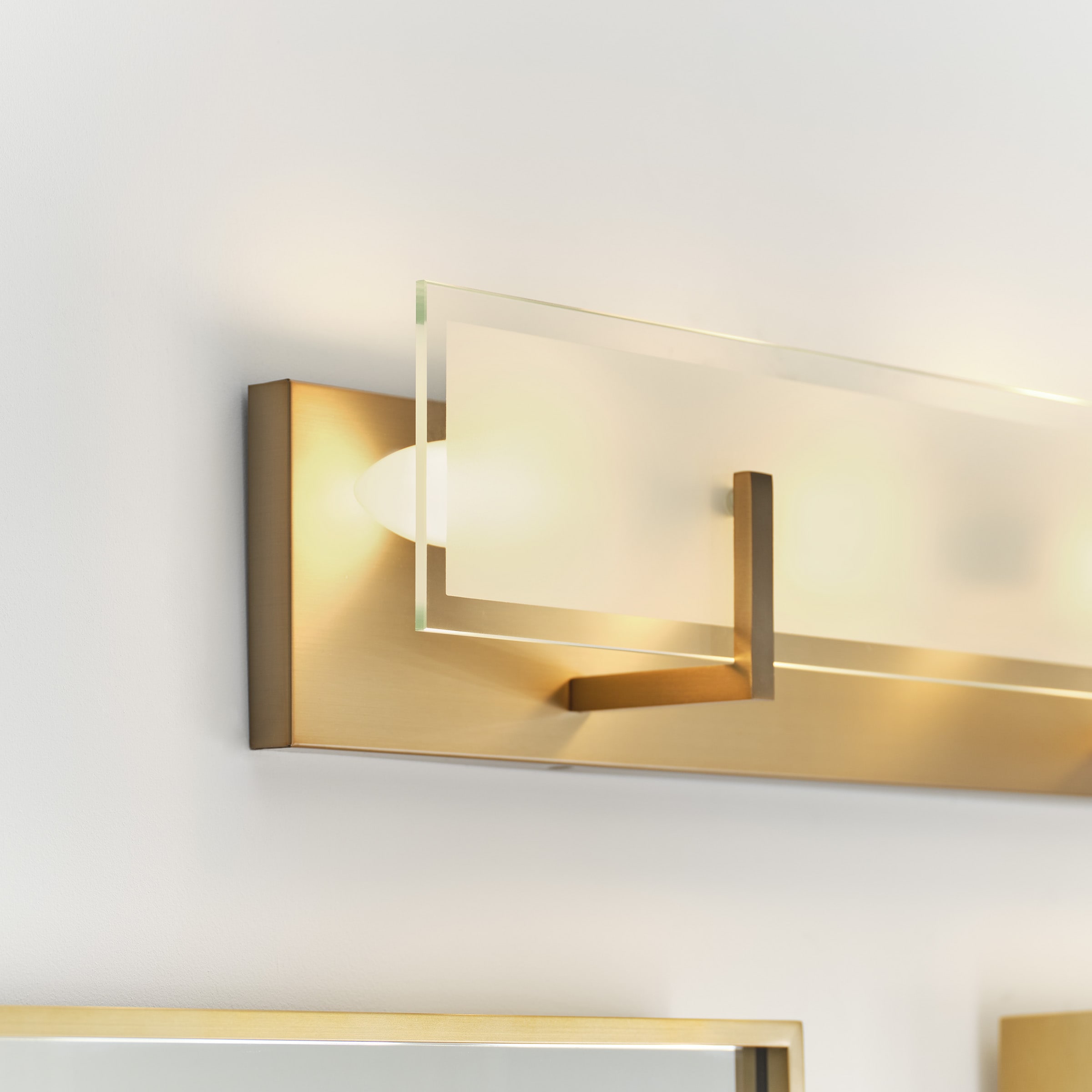 Satin Brass 4-Light Vanity Fixture with Frosted Beveled Glass