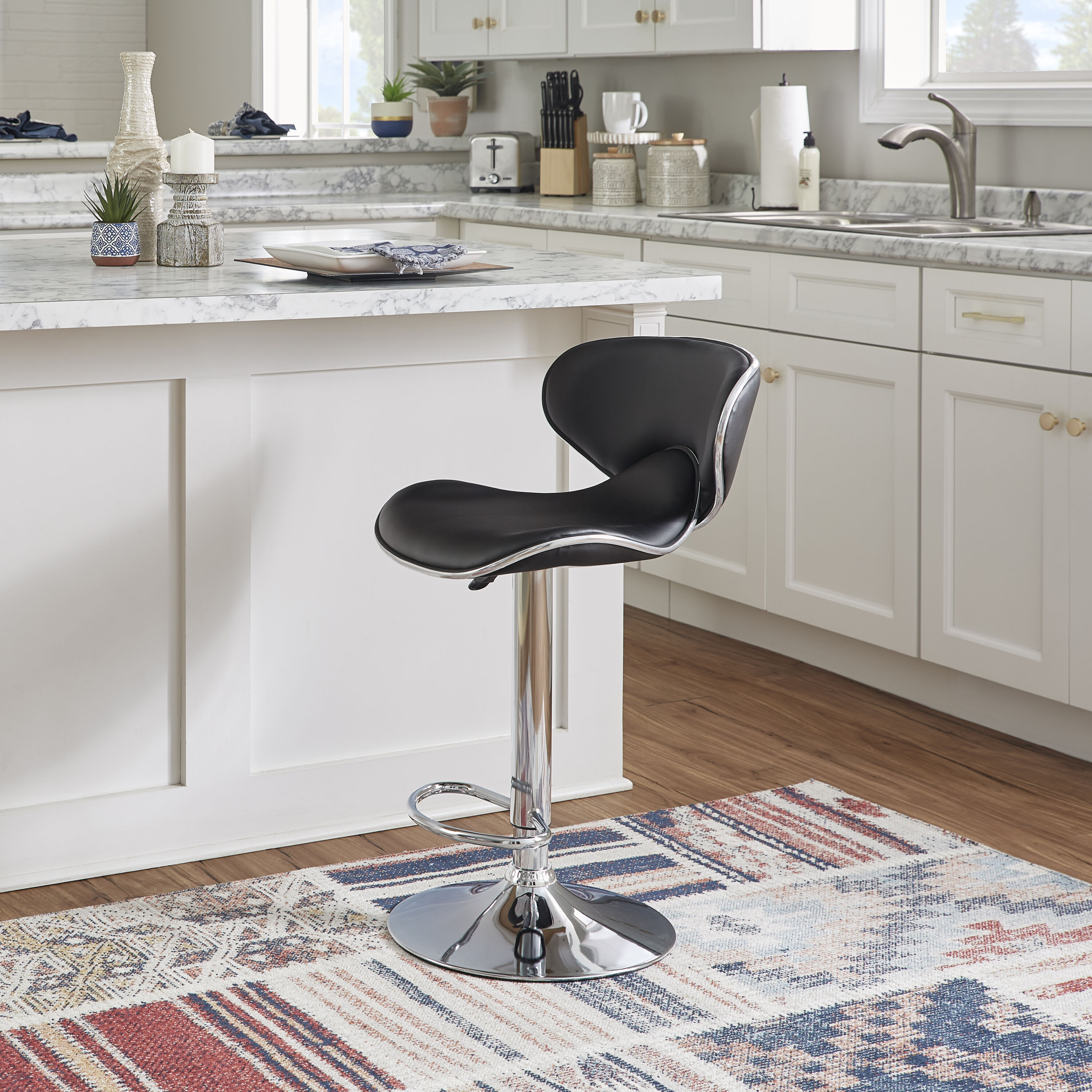 Adjustable Swivel Bar Stool in Black Faux Leather and Chrome