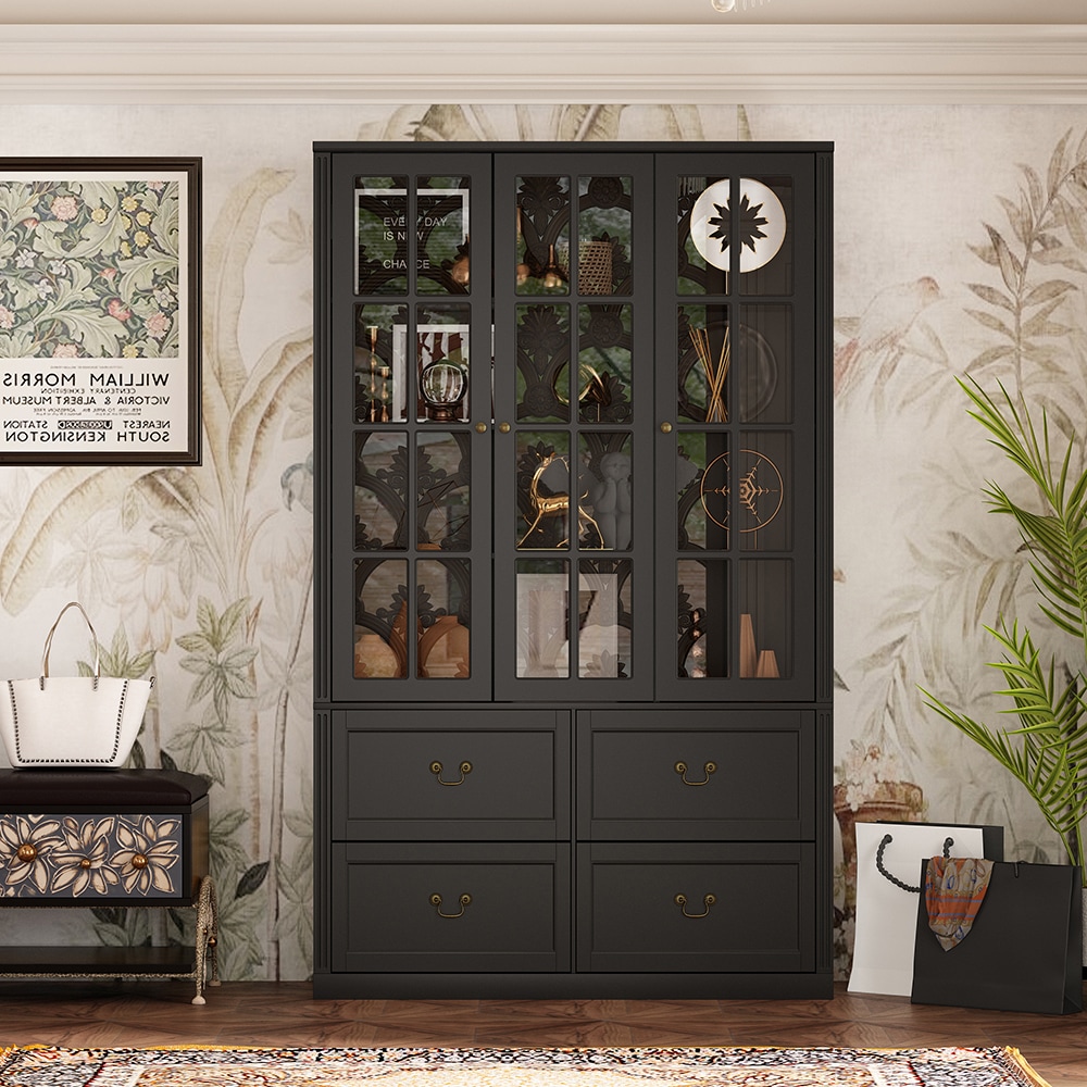 Homsee  Modern Stylish Bookcase with Cross-Designed Tempered Glass Doors Drawers Vintage Handles and Adjustable Shelves 47.2''L x 15.7''W x 78.7''H Black