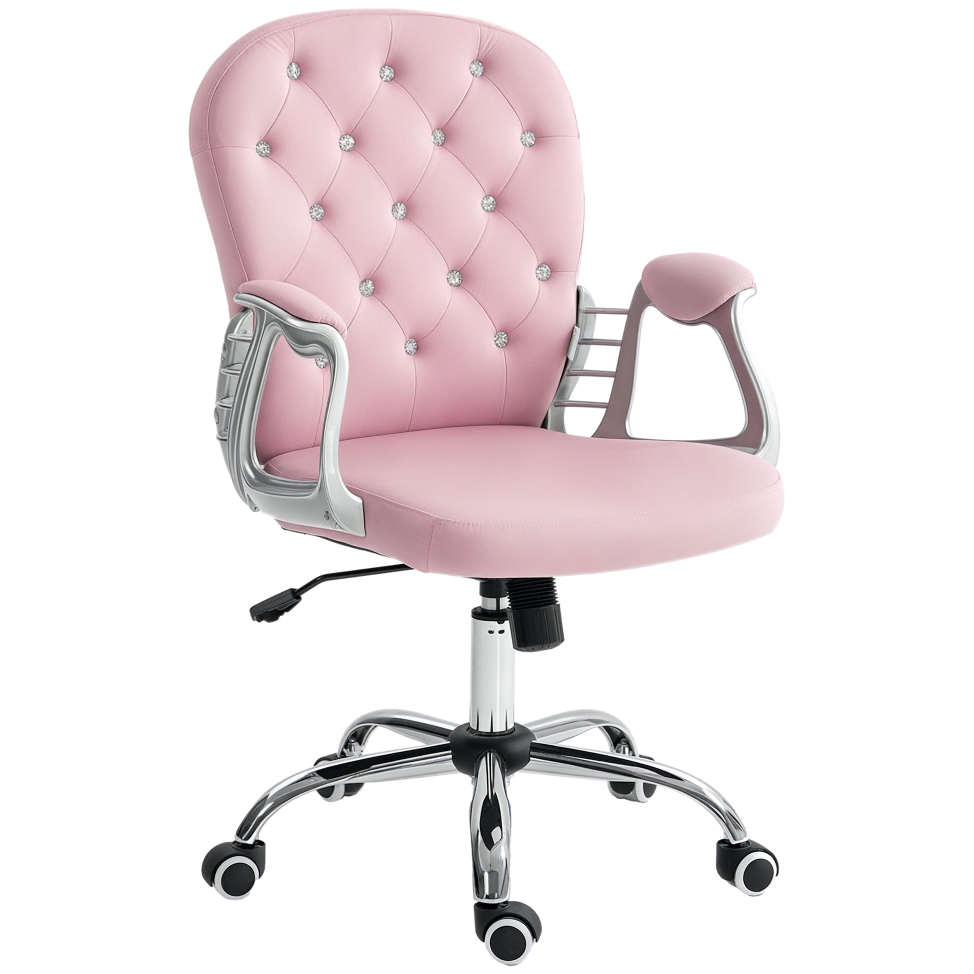 Vinsetto 921-169V80PK Velvet Home Office Chair Button Tufted Desk Chair with Padded Armrests Adjustable Height and Swivel Wheels Pink