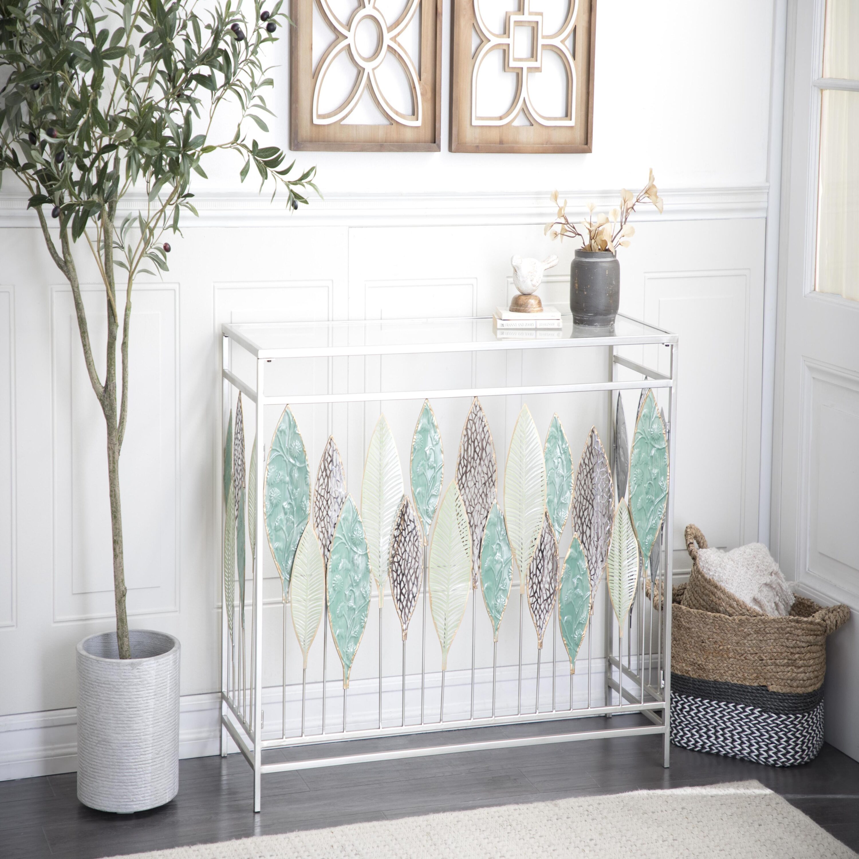 Grayson Lane 39736 Modern 44" Silver Leaf with Mirrored Glass Top Console table