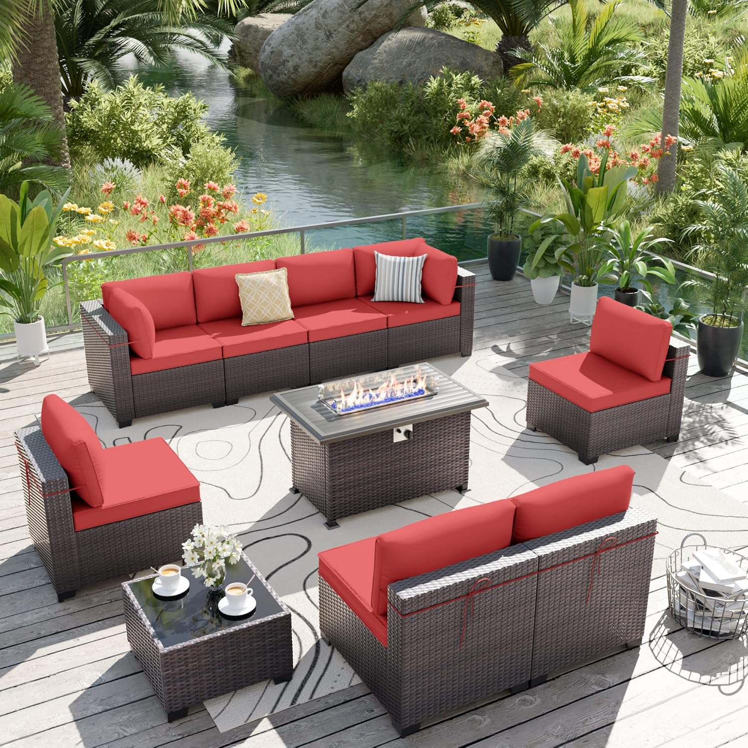 ALAULM LS-A2BC+1-RED 10-Piece Rattan Patio Conversation Set with Red Cushions