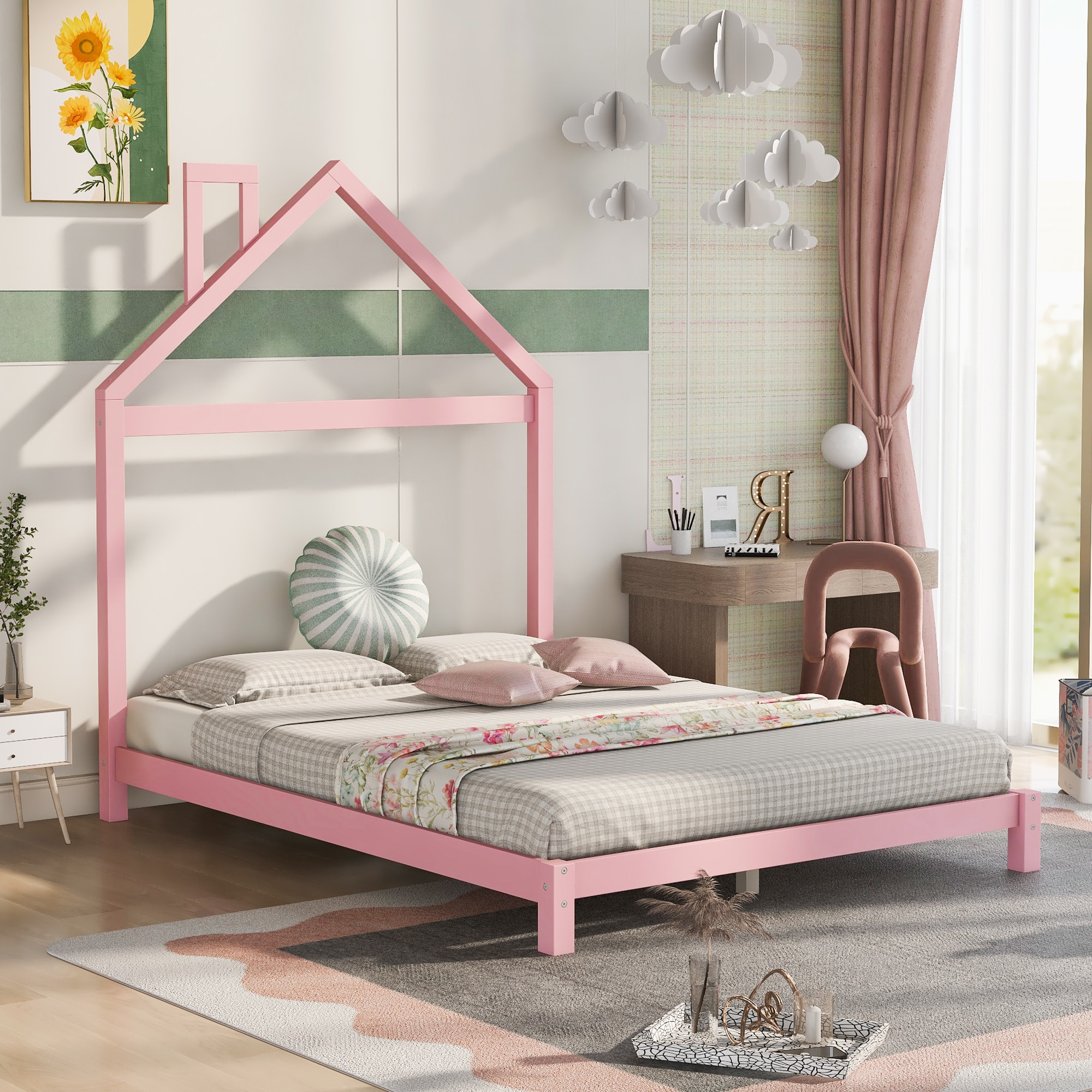 ModernLuxe WF282821AAH Full Size Wood Platform Bed with Houseshaped Headboard  Pink
