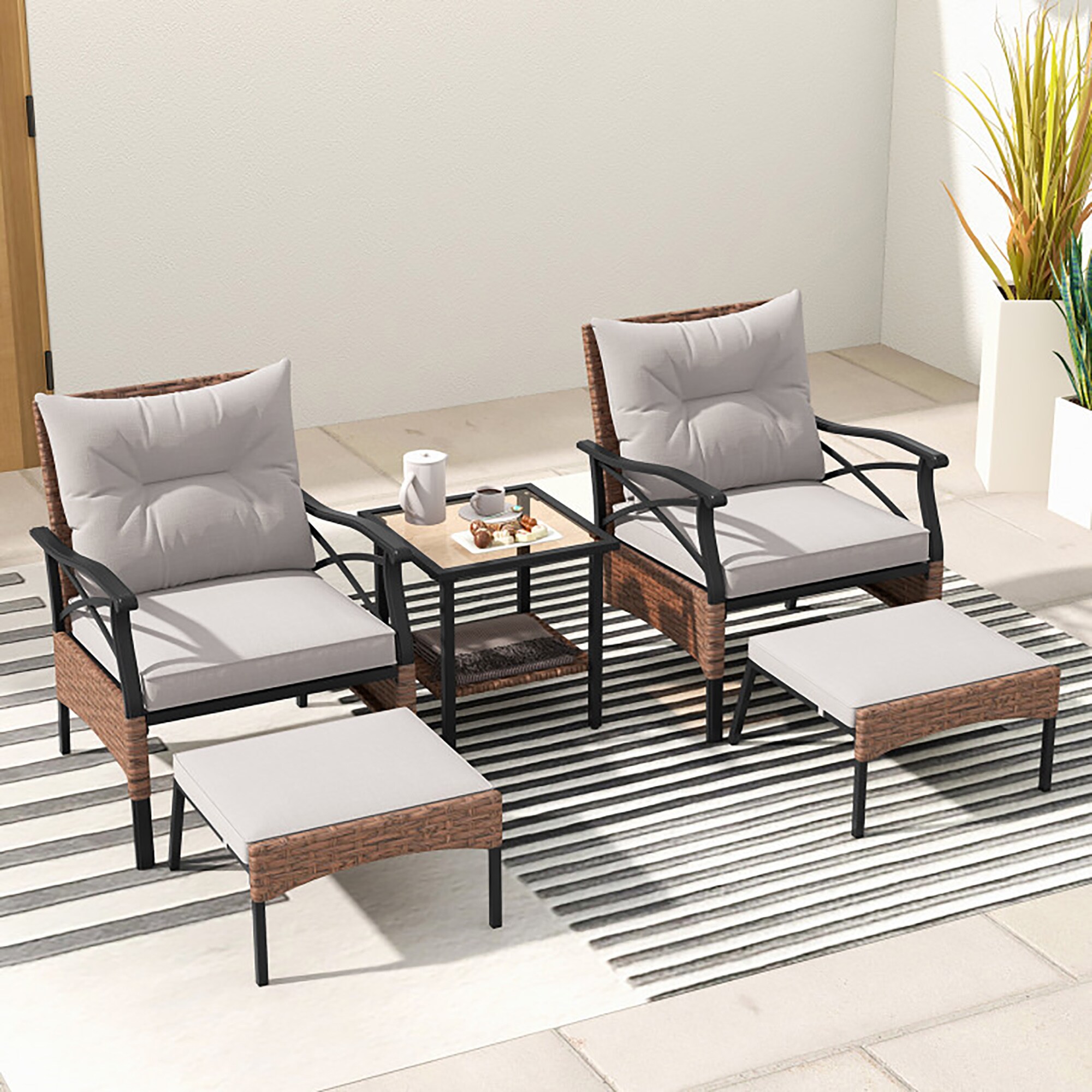 CASAINC CA-LY0007 5 -Piece Rattan Patio Conversation Set with Gray Cushions