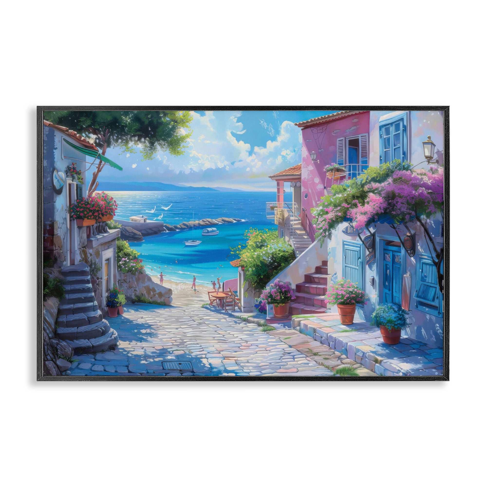 Stupell Industries BT-729-FR-12X18 Seaside Village Cobblestones Black Framed Giclee Art By LSR Design Studio 18 x 12