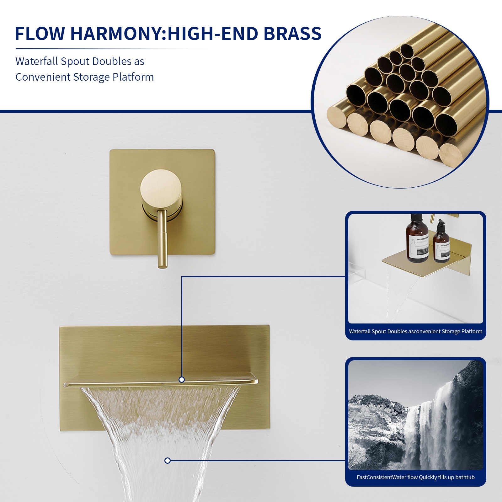 Brushed Gold Wall-Mount Waterfall Bathtub Faucet with Lever Handle
