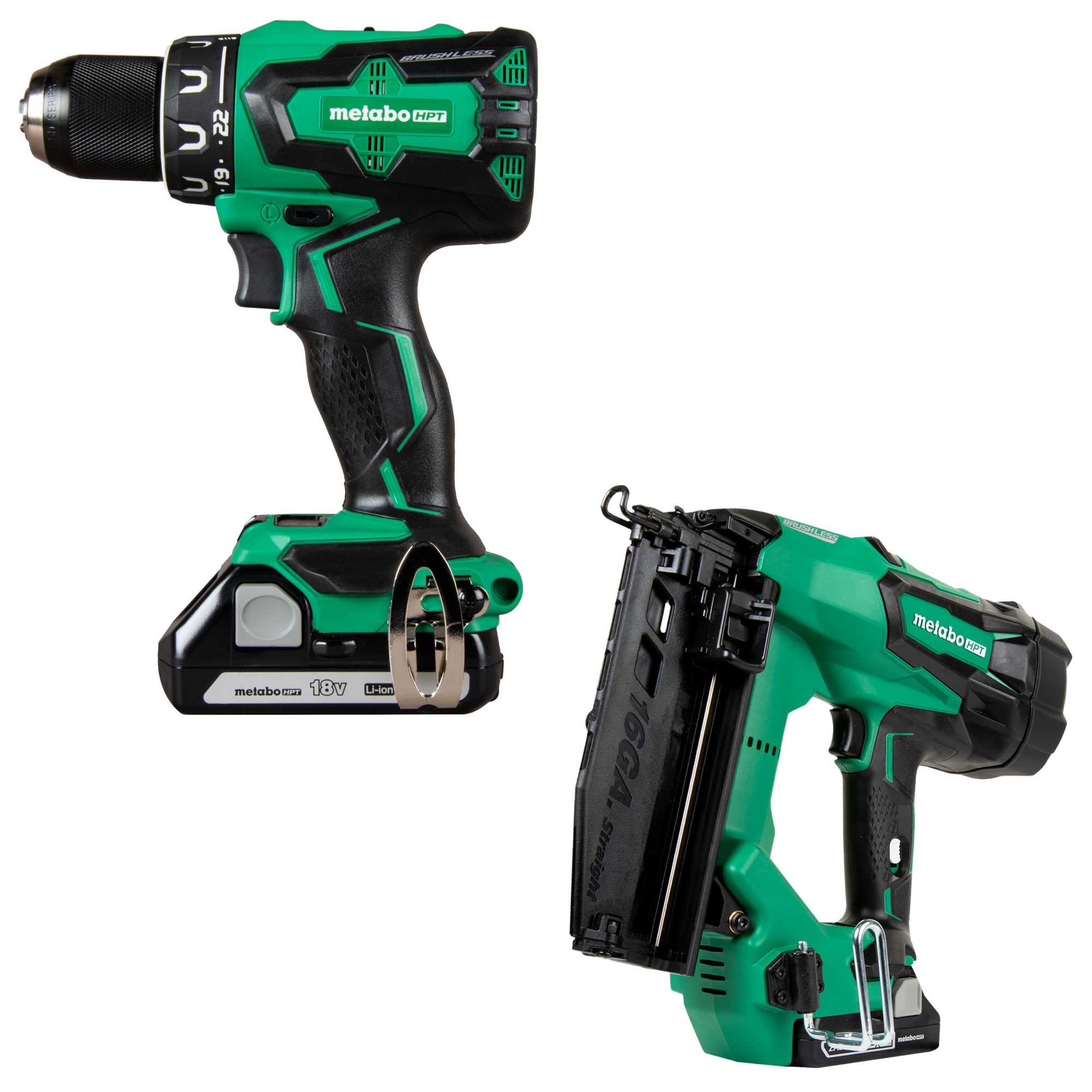 Metabo HPT MultiVolt 18-Volt 1/2-in Brushless Cordless Drill (2-batteries included and charger included) with MultiVolt 18-Volt 16-Gauge Cordless