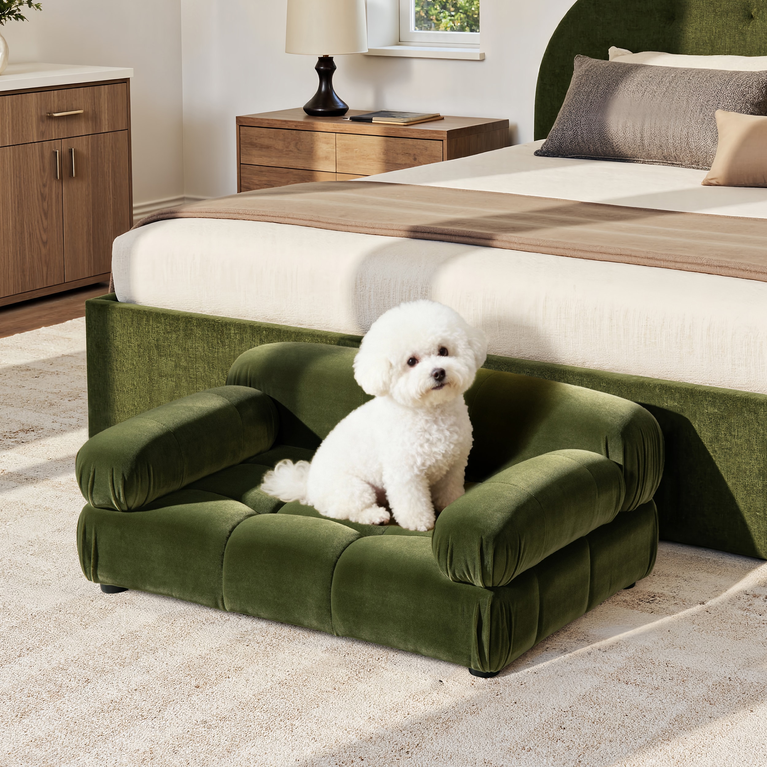 Blisstyle Marcel Upholstered Modern Small to Medium Pet Bed for Dogs and Cats Olive Green Velvet Pet Bed Furniture