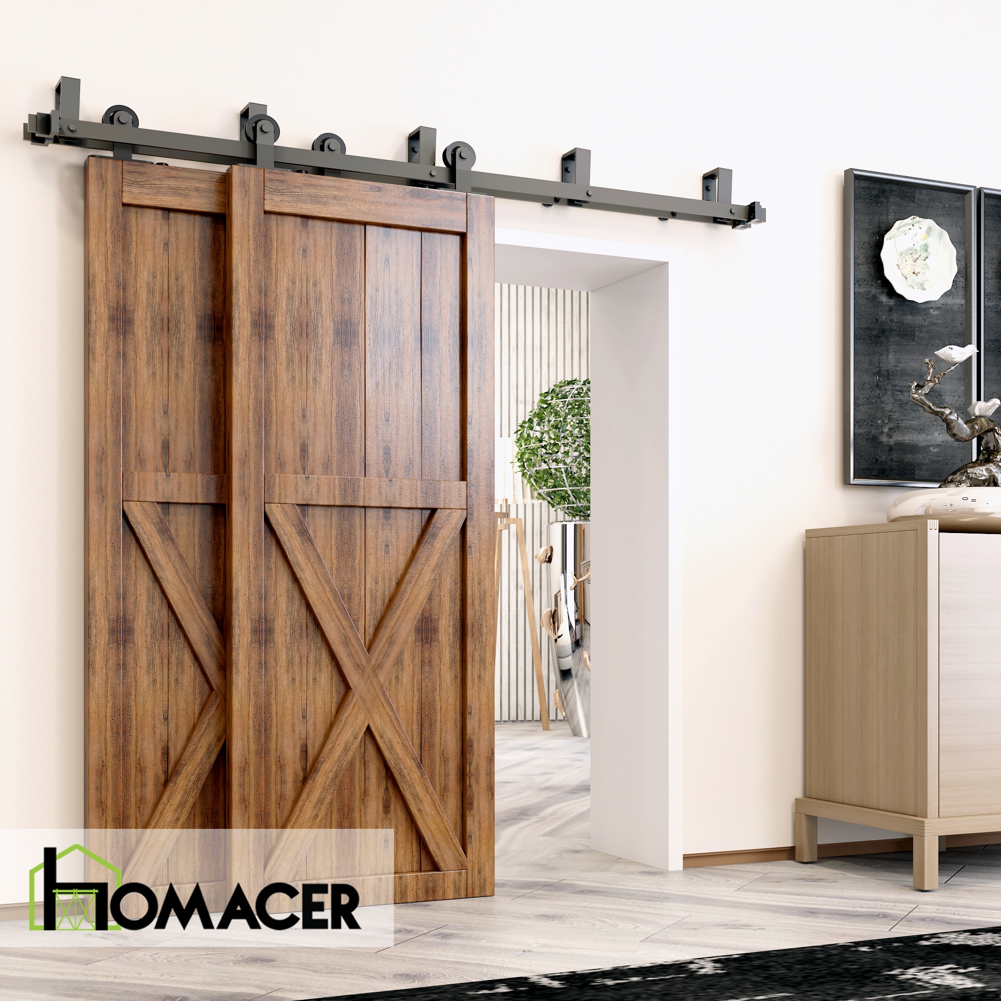 HOMACER 54-in Rustic Black Indoor Top Mount Double Bypass Barn Door Hardware Kit DZ4TGH054C Sansujyuku sansujyuku.com