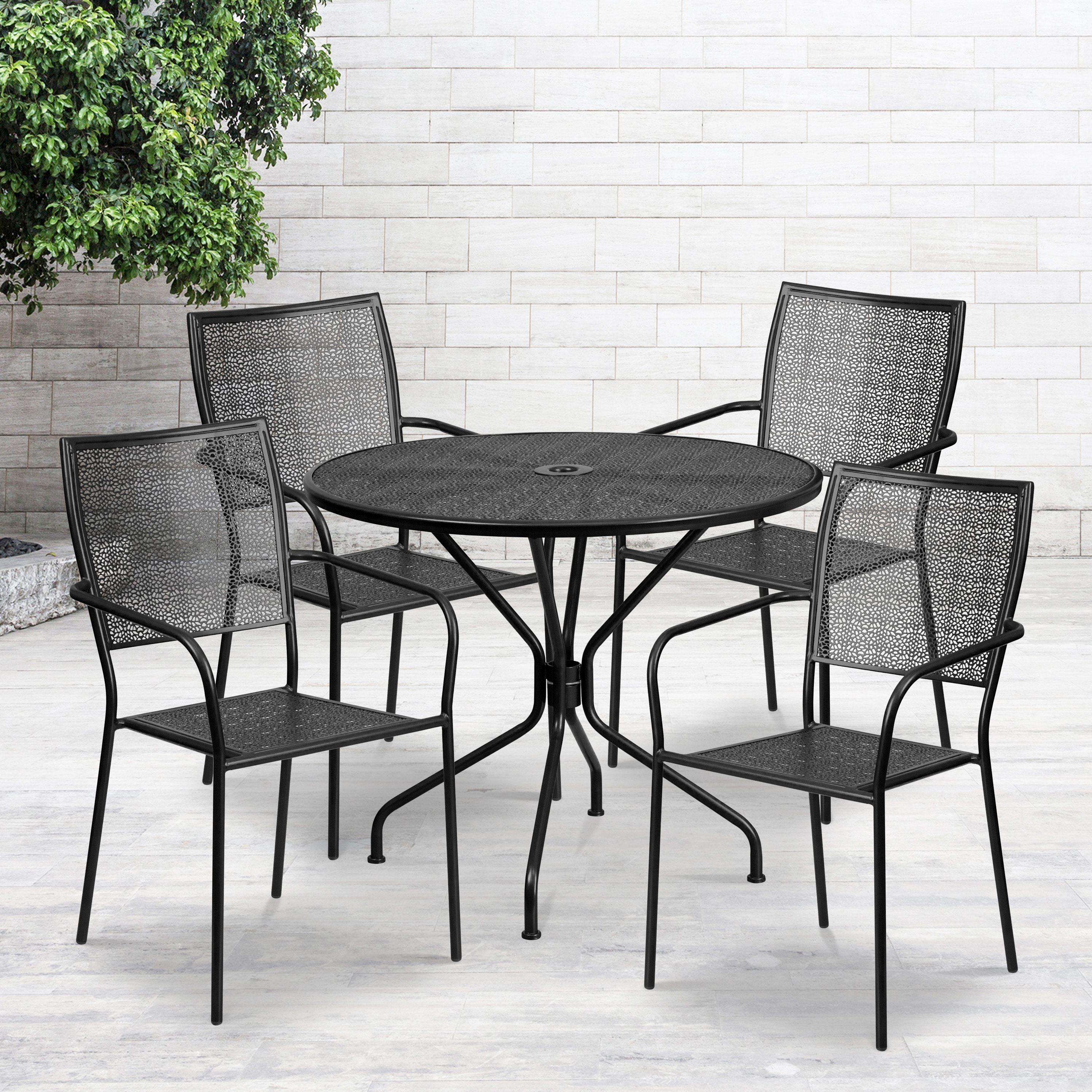 Black Steel Round Patio Dining Set with 4 Stackable Chairs
